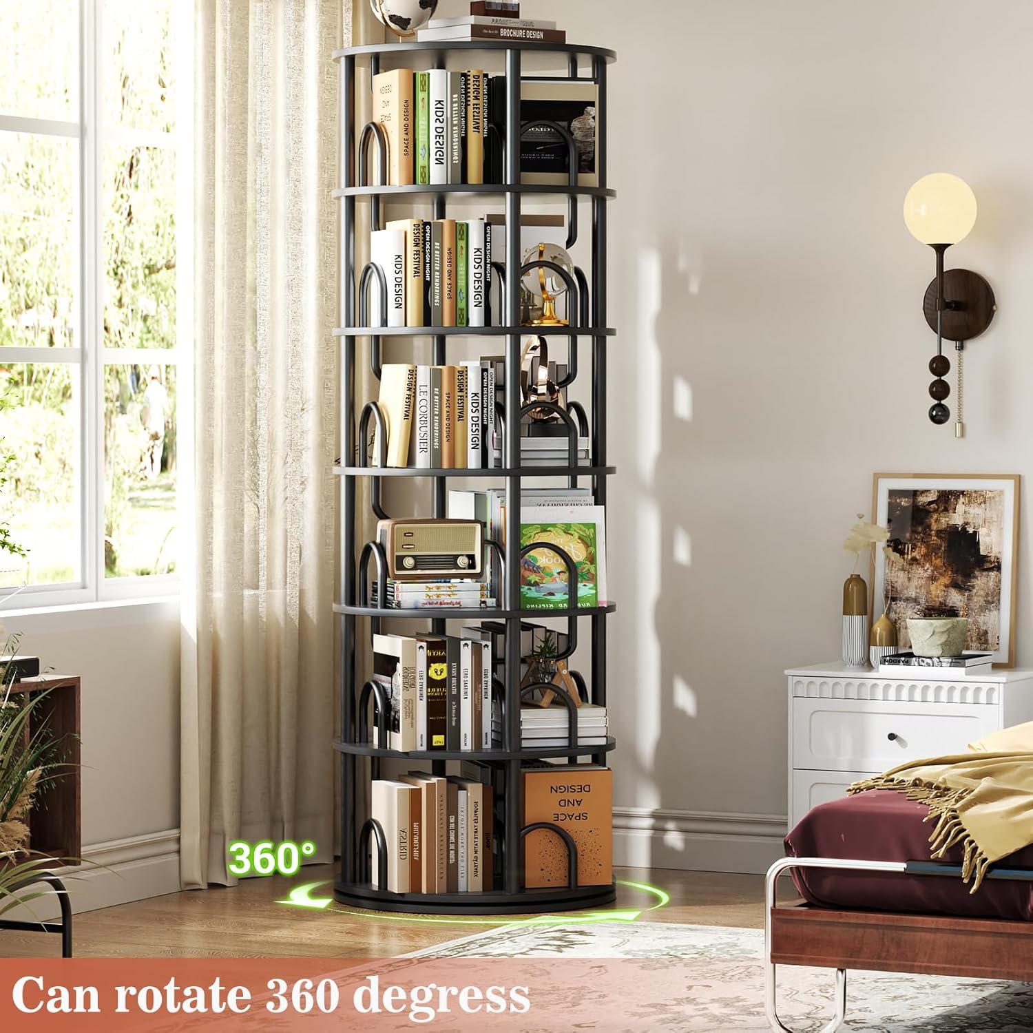 Aheaplus 6 Tier Rotating Bookshelf Tower, Revolving Bookcase, 360° Round Spinning Book Shelf, Narrow Swivel Bookshelves Vertical Rolling Turning Corner Bookshelf Organizer for Small Space, Black