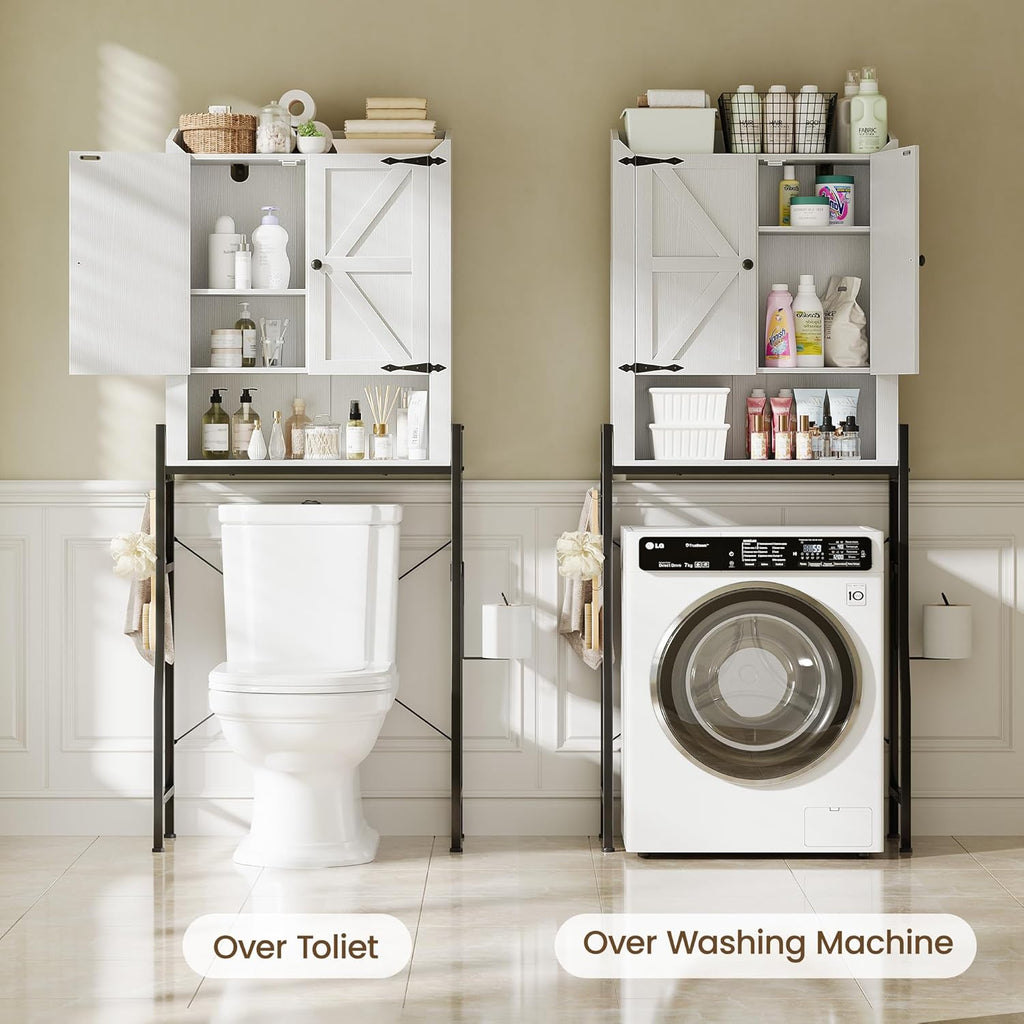 Memobarco Over The Toilet Storage Cabinet, Over Toilet Organizer with 2-Door & Metal Stand, Bathroom Organizers and Storage with Adjustable Shelves for Bathroom, Restroom, Laundry, White