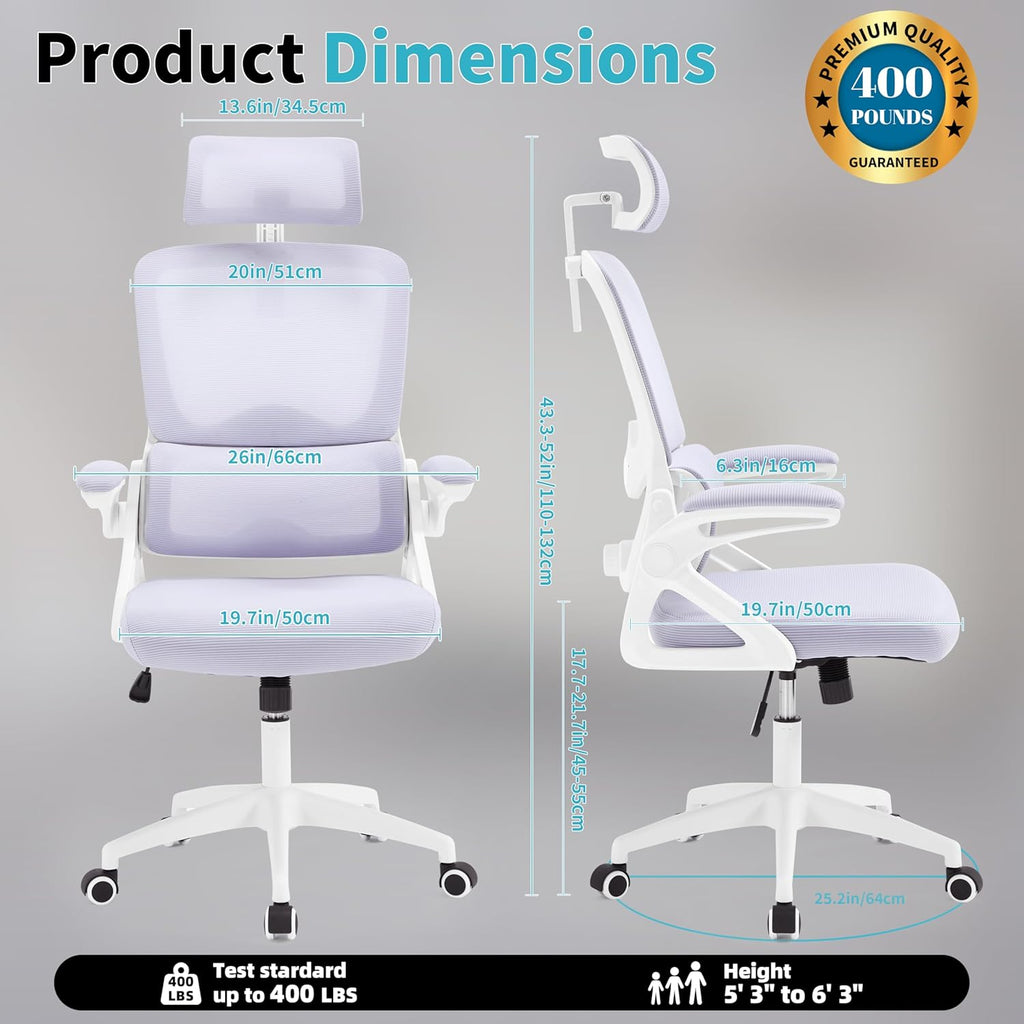 Ergonomic Office Chair,Mesh Office Chair with Lumbar Support,High Back Desk Chair with Flip-up Arms,400 lbs Big and Tall Computer Chair with Headrest,Comfy Desk Chairs (Lavender)