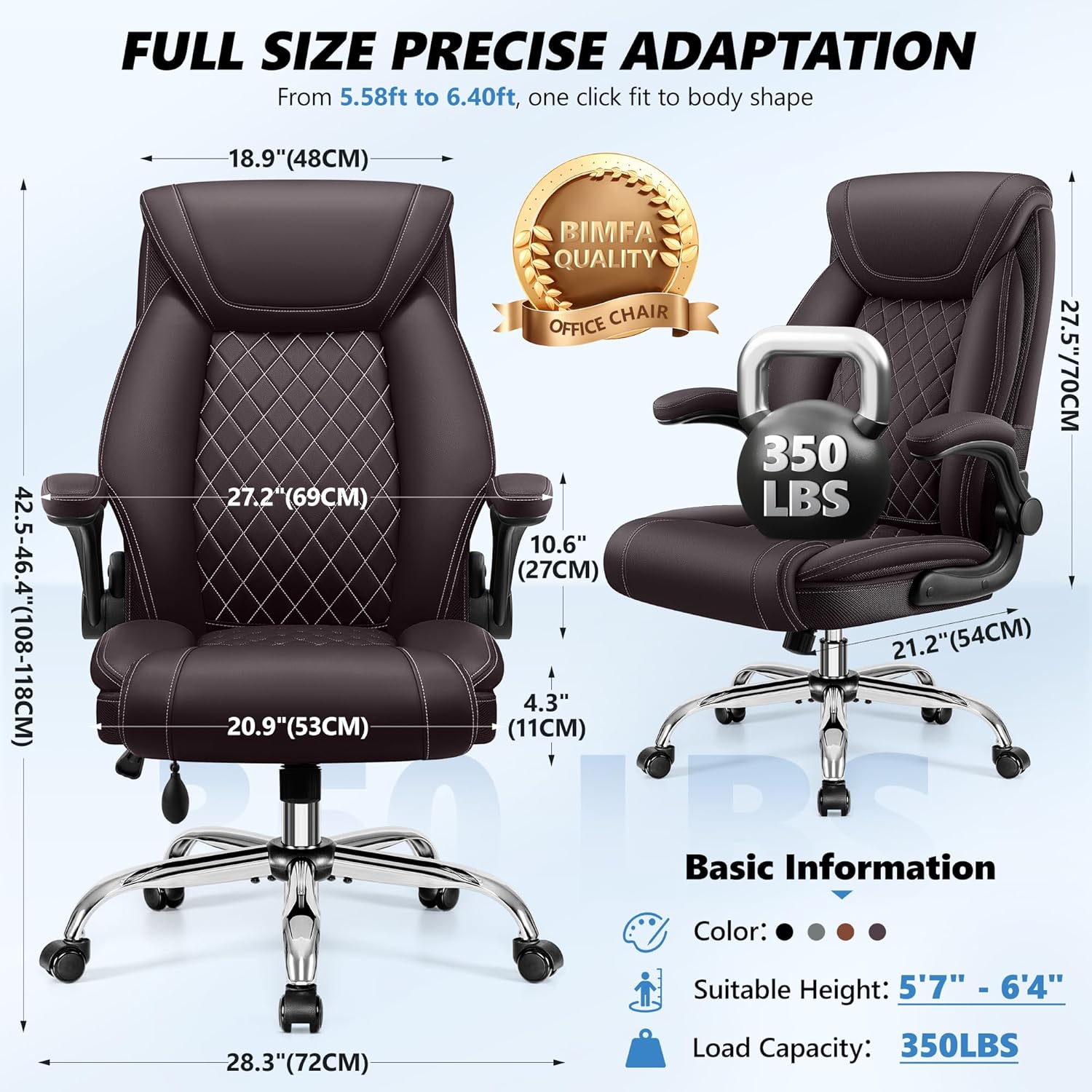 Office Chair, Big and Tall Ergonomic Desk Chair, Executive Leather Computer Chair with Adjustable Lumbar Support, Comfy Gaming Chair with Flip Up Arms, Swivel PC Chair with Rocking Function, Coffee