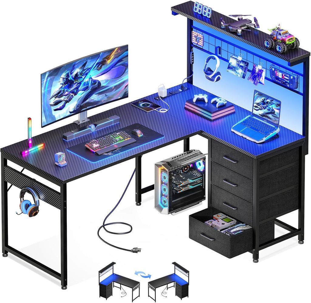 MOTPK 43” L Shaped Gaming Desk for Small Rooms, Compact Corner Computer Table with Shelf & Hutch, 4 Drawers, Reversible Study Desk with LED Light, Power Outlets & USB Ports, Black Carbon Fiber