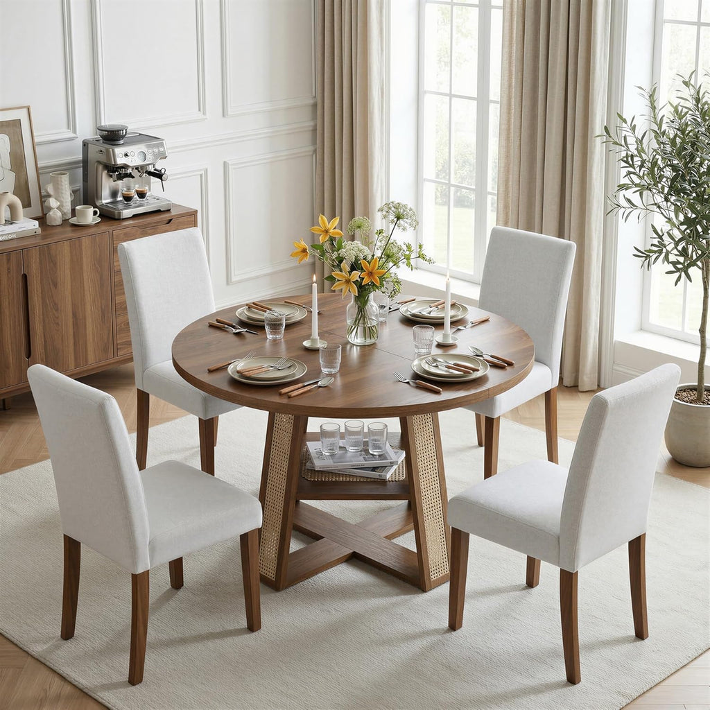 43"-59" Extendable Round Dining Table for 4-8, Transformer Oval Dining Room Table with Removable Leaves Space Saving, Wood Base Kitchen Table with Storage Shelf for Living Room, Walnut