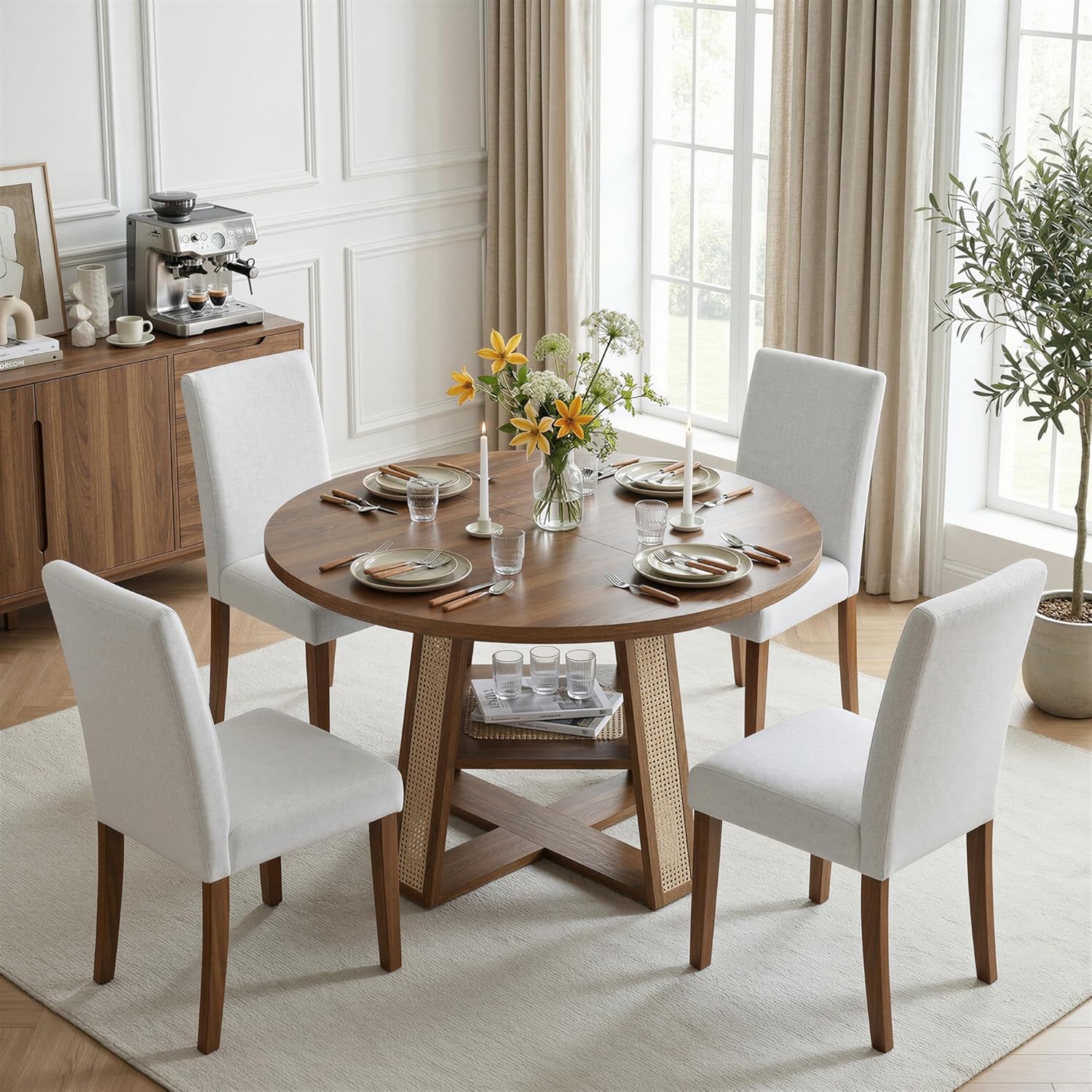 43"-59" Extendable Round Dining Table for 4-8, Transformer Oval Dining Room Table with Removable Leaves Space Saving, Wood Base Kitchen Table with Storage Shelf for Living Room, Walnut