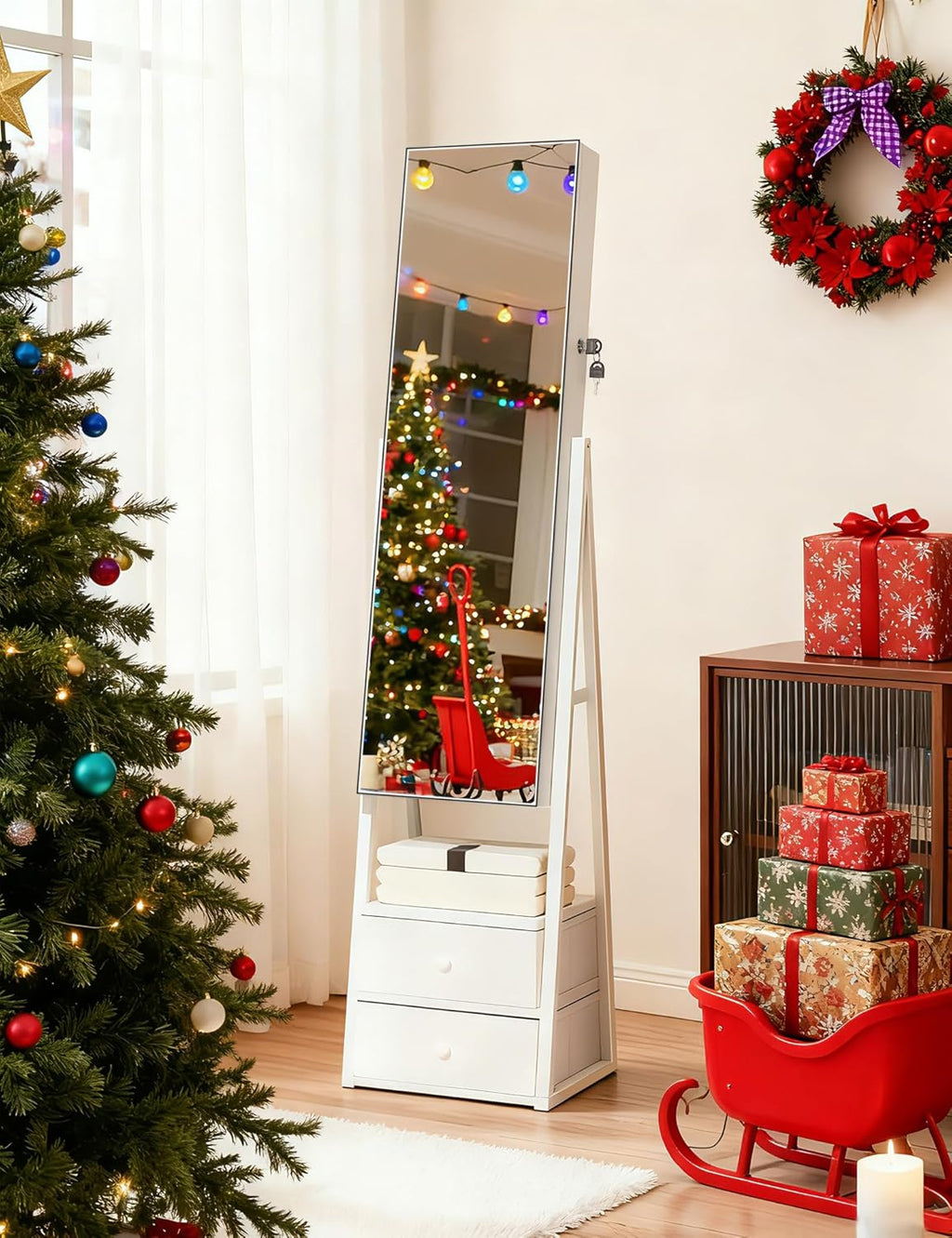 Nicetree Jewelry Cabinet Armoire with 2 Drawers, Lockable Standing Mirror Jewelry Cabinet, Full Length Mirror with Jewelry Storage, Gift Idea, White