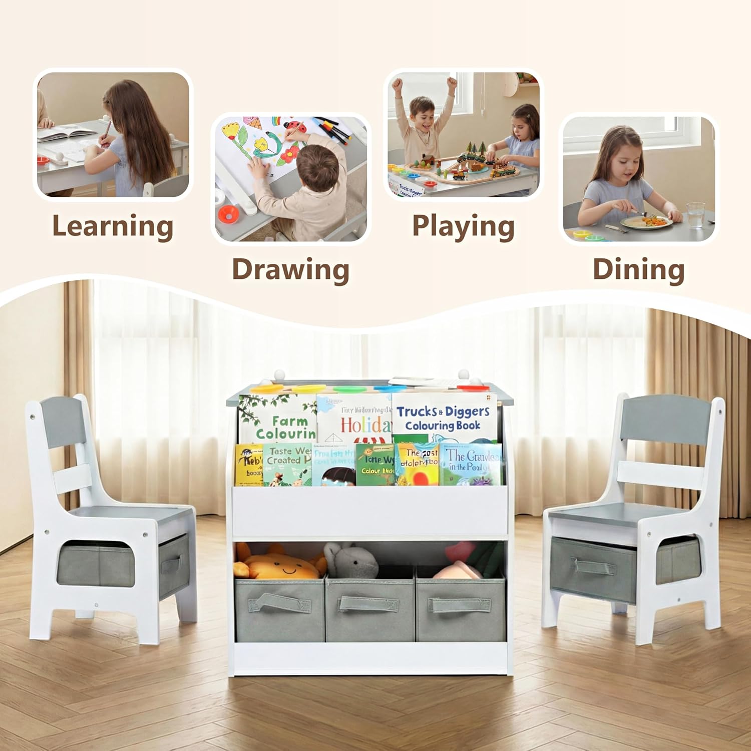 Kinder King Kids Art Table & 2 Chair Set, Wood Toddler Activity Table w/Paper Roll, Bookshelves & Storage Drawers for Kid Drawing, Studying, Playing, Kids Table and Chairs for Playroom, Nursery, Grey