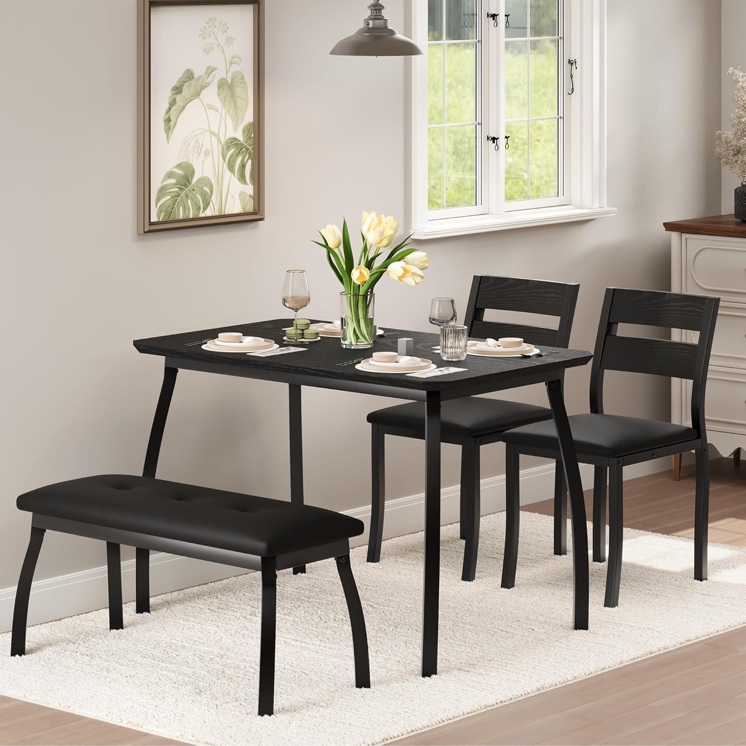 IDEALHOUSE 43'' Dining Table Set for 4, Wooden Kitchen Table with Upholstered Bench & 2 Cushion Chairs, Industrial Dinette Set for Studio, Kitchen, Dining Room, Apartment, Black