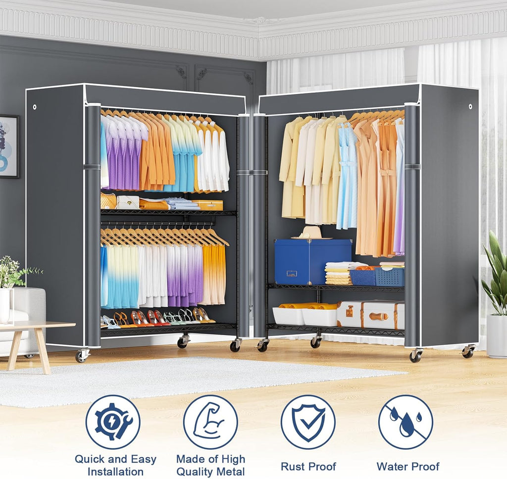 ULIFHOME P8C Max Heavy Duty Clothes Rack（With Extended Width Design） Rolling Clothing Racks for Hanging Clothes with Lockable Wheels，51.2" W x 15.8" D x 80.5" H，Load 700LBS，Black Rack with Grey Cover