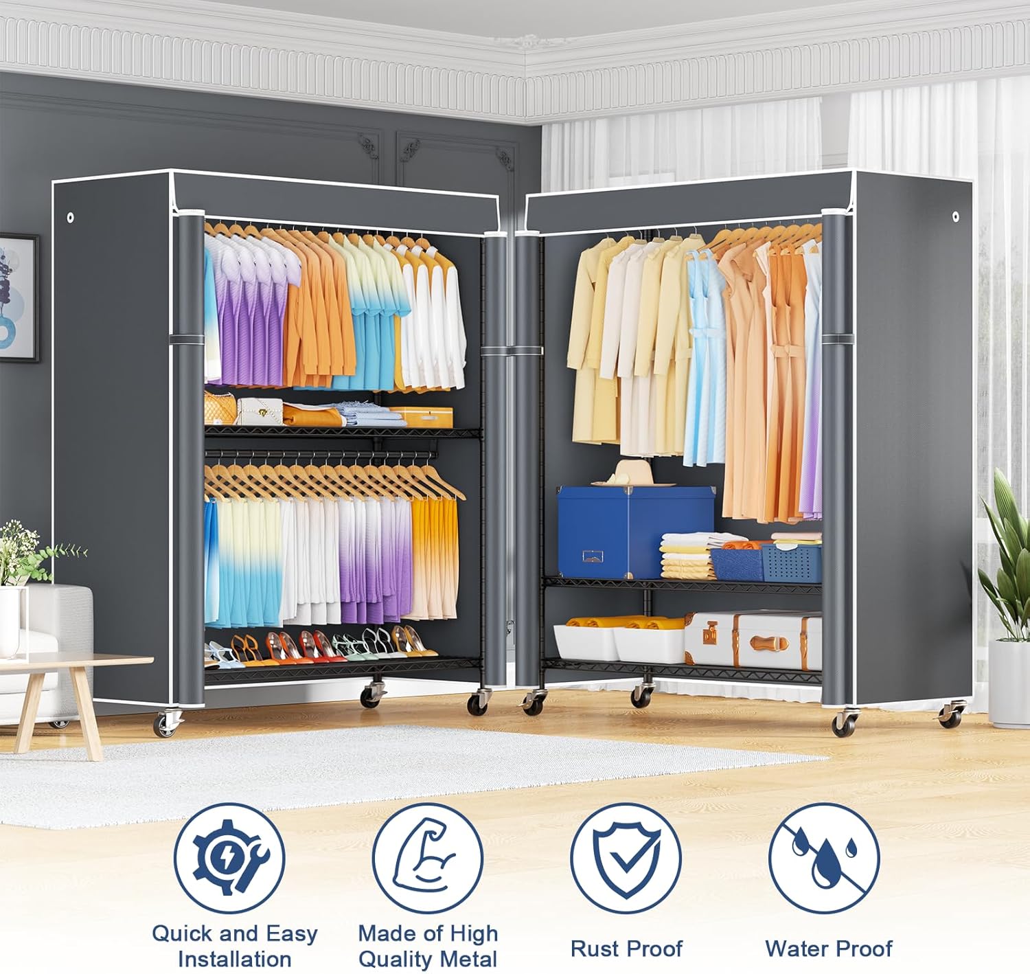 ULIFHOME P8C Max Heavy Duty Clothes Rack（With Extended Width Design） Rolling Clothing Racks for Hanging Clothes with Lockable Wheels，51.2" W x 15.8" D x 80.5" H，Load 700LBS，Black Rack with Grey Cover