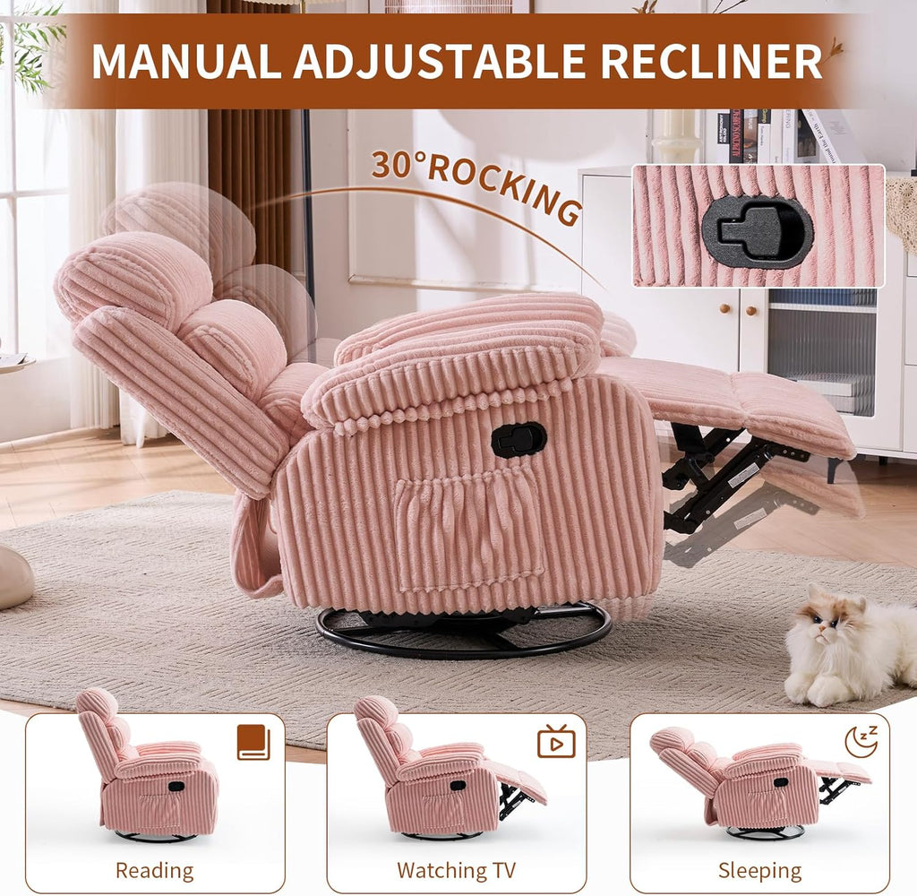 Snug-Cushioned Velvet 360° Swivel Recliner Chair - Gliding Rocking Chair Nursery Recliner, Generous Footrest, Padded Armrests & Side Pocket, Perfect for Nursery & Compact Spaces, Pink