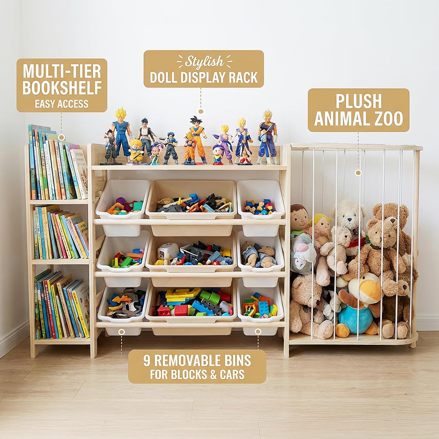 Amdermi Kid's Toy Storage Organizer with Bookcase & Plush Stuffed Animal Zoo, Multi-Bin Toy Storage Shelf for Toddlers, 4-in-1 Wooden Display Rack for Playroom, Bedroom & Nursery - Natural Wood Color