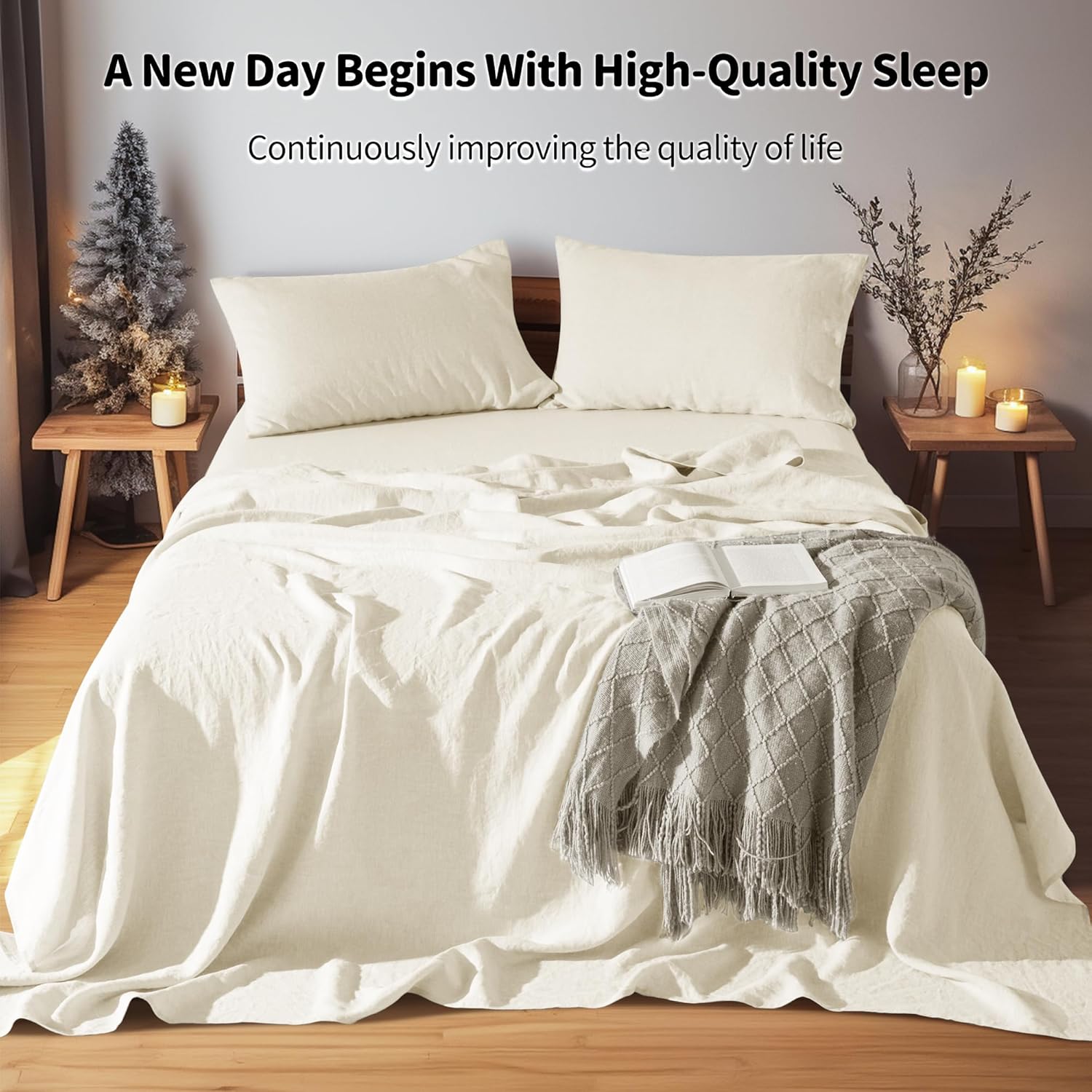 LBRO2M 100% Pure Linen Sheet Set Deep Pocket Up to 16" Bed Sheets Sets, Natural Flax Beddings Soft, Breathable, Comfortable for All Seasons 4 Pcs Sheet Set Queen Size, Beige