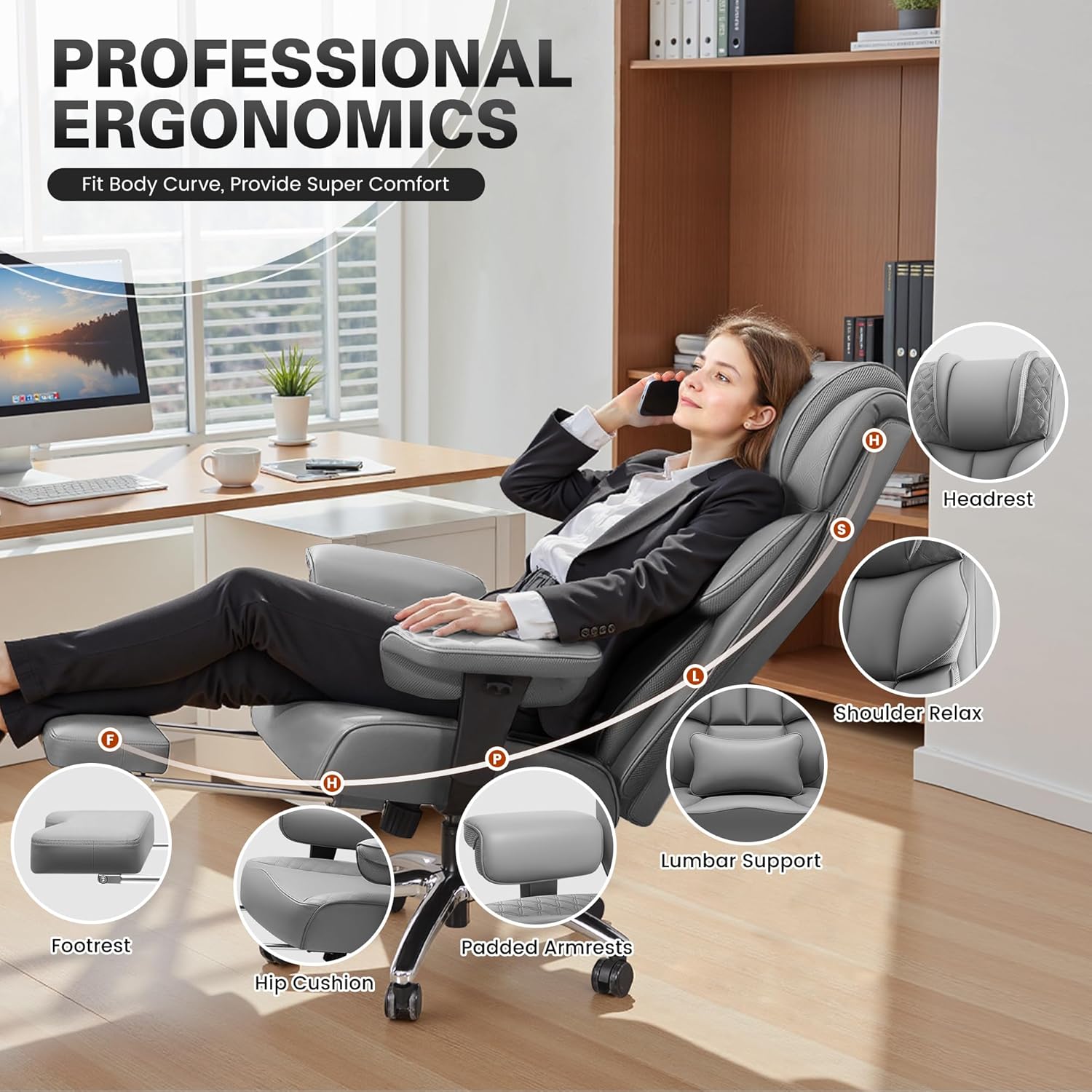 BestGlory Office Desk Chair, Big and Tall Leather Gaming Chair with Footrest, Wide Ergonomic Comfy Executive High-Back Reclining Computer Chairs, Swivel Rolling Wheels and Padded Lumbar Support, Gray