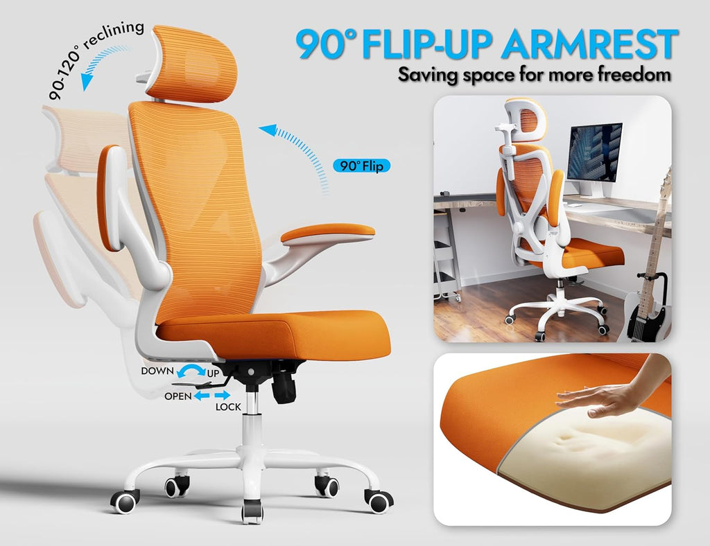 Ergonomic Office Chair - Mesh Desk Chair with Adjustable Lumbar Support High Back Computer Gaming Chairs - Big and Tall Office Chairs Adults, Comfortable for Long Hours, Orange