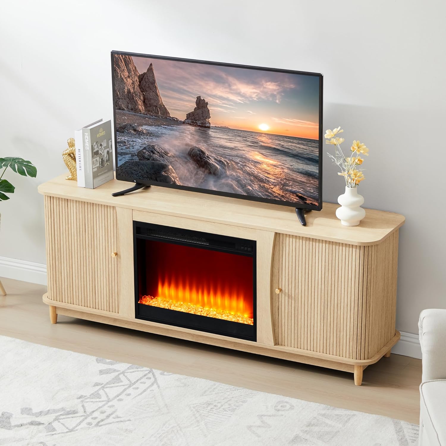 Fireplace TV Stand, Fluted TV Stand with Storage and Sliding Door, Farmhouse Entertainment Center Media Console Table for Living Room (Natural)