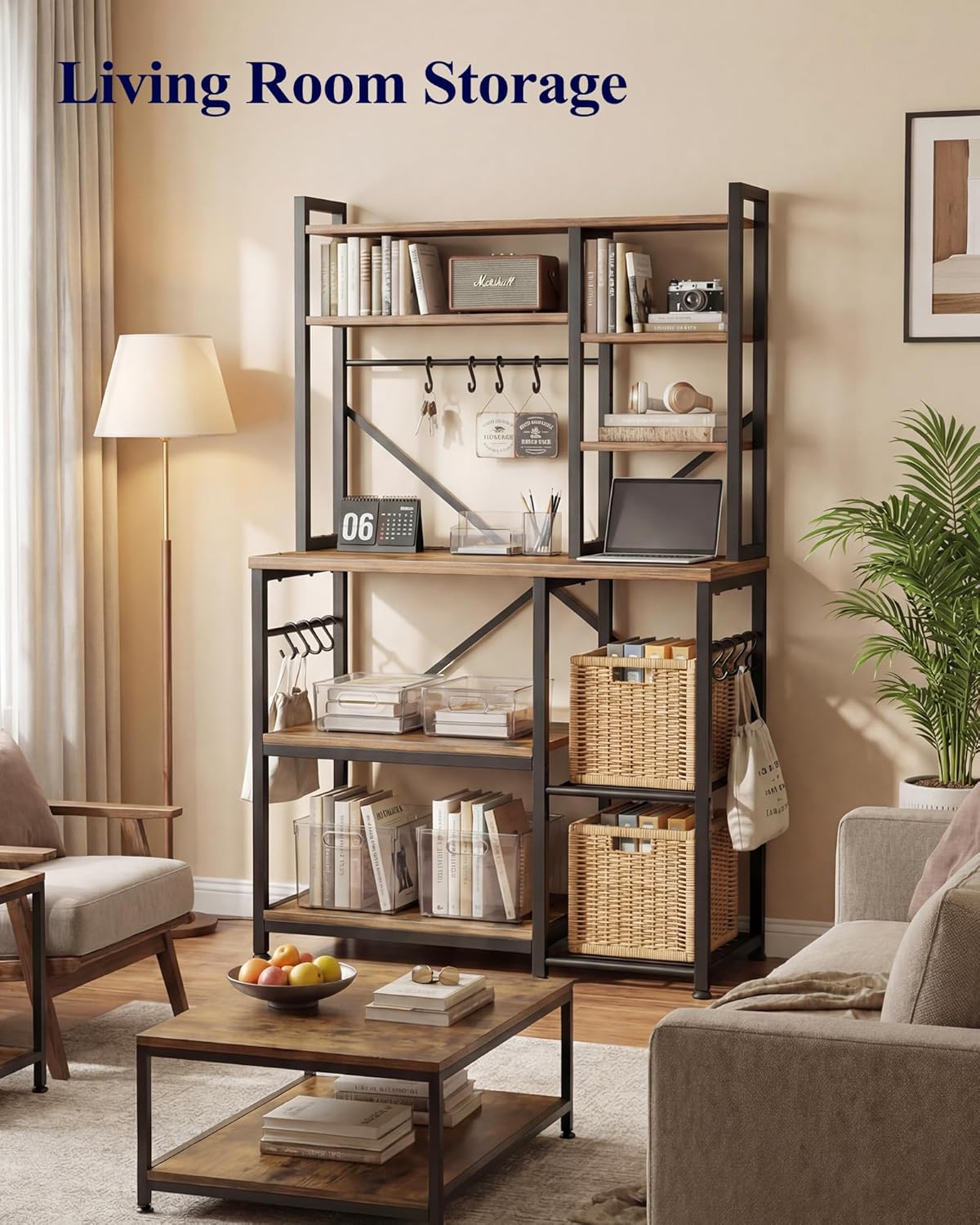 Kitsure Baker's Rack with Power Outlet - Storage Rack with Kitchen Shelves and 12 Hooks, Versatile Coffee Bar and Microwave Stand for Appliances, Pantry, Home Organization,Brown, 38.0" x 15.5" x 67.0"