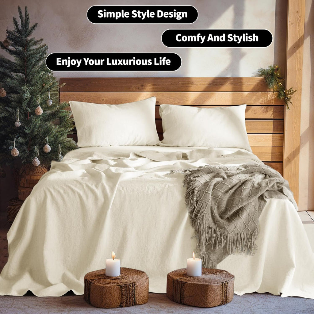 LBRO2M 100% Pure Linen Sheet Set Deep Pocket Up to 16" Bed Sheets Sets, Natural Flax Beddings Soft, Breathable, Comfortable for All Seasons 4 Pcs Sheet Set Queen Size, Beige