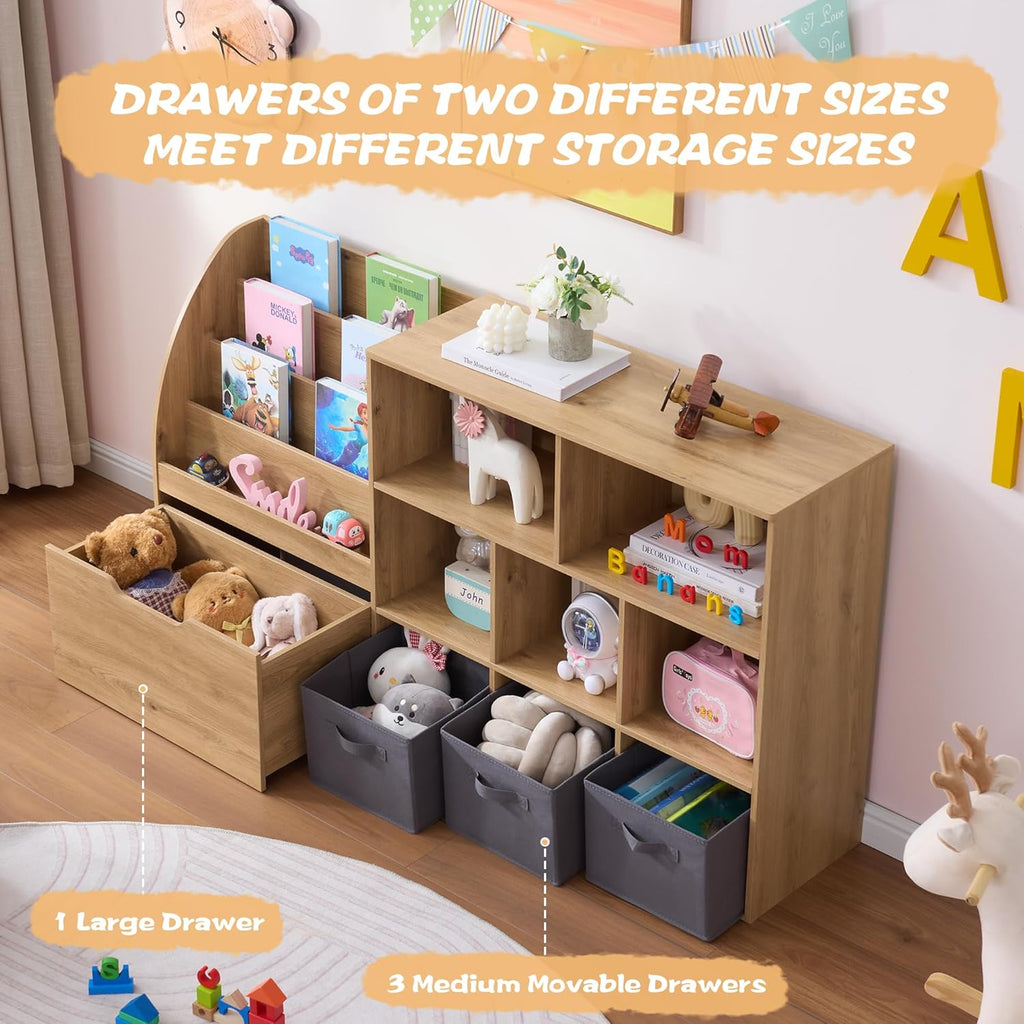 Fatmok Kids Bookshelf and Toy Storage, Toy Storage Organizers with Movable Drawers & 3 Storage Bins, Kids Reading Nook Toy Organizers Shelf with 5 Cubbies, Natral Wood