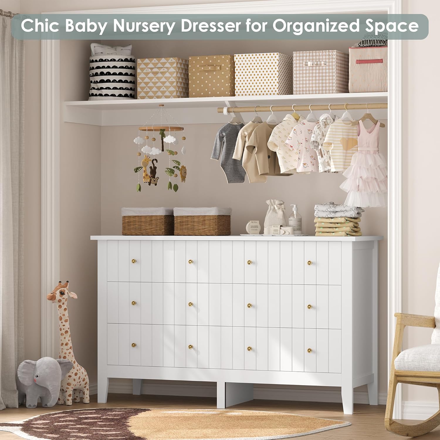 FOTOSOK White Dresser, Chest of Drawers, Modern 6 Drawer Double Dressers with Deep Drawers, Nursery Dresser for Baby, Wide Storage Organizer Cabinet for Living Room, Hallway,White