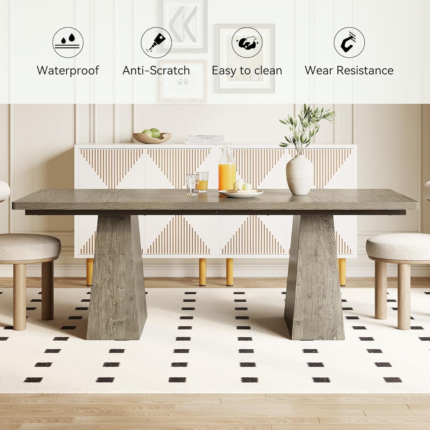 LITTLE TREE Dining Table for 6 People, Wooden Table, Rectangle Furniture with Heavy Duty Legs, Modern Kitchen Table for Home, Dining Room, Grey