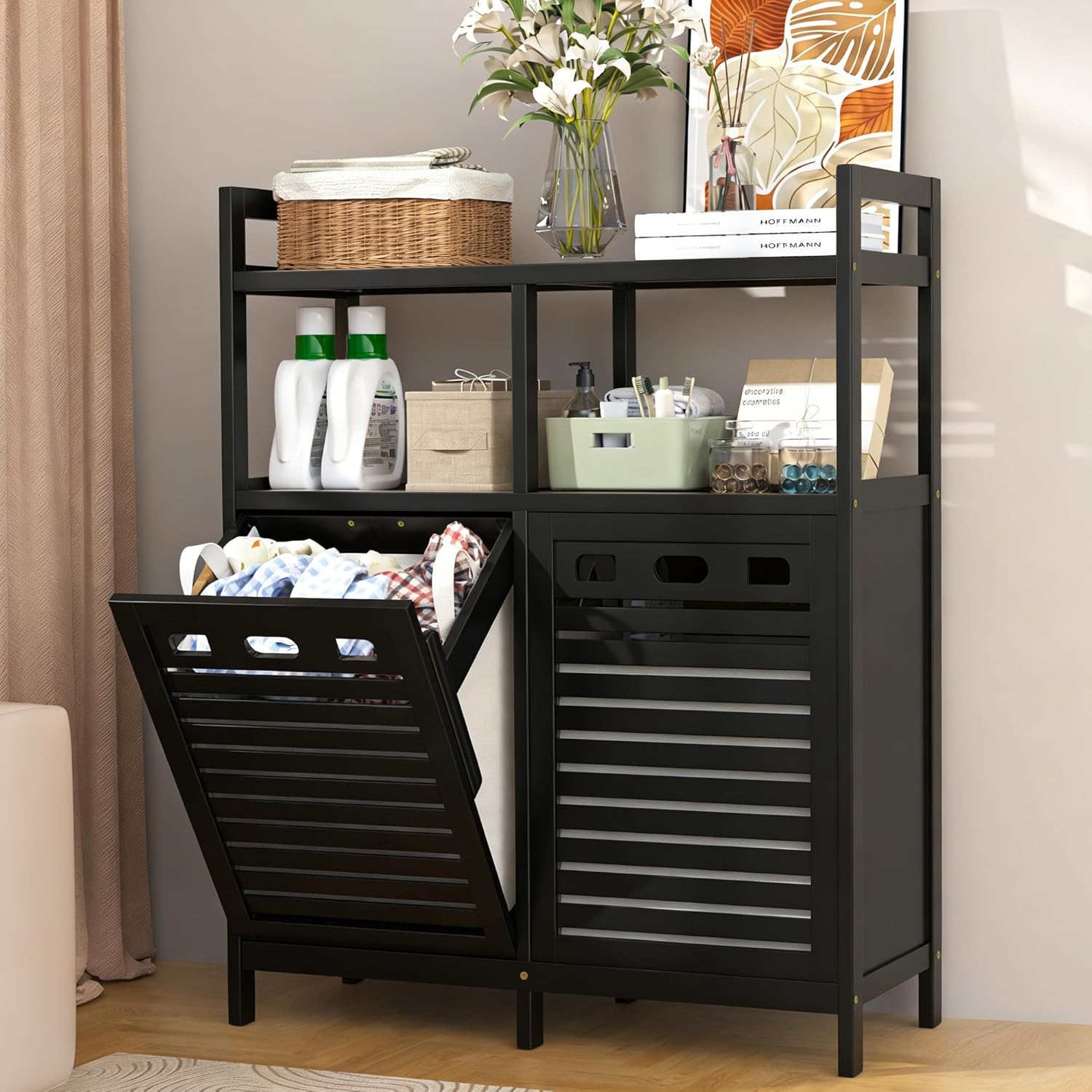 VASMIA Tilt Out Laundry Hamper Cabinet, Bamboo Double Laundry Hamper with 2 Removable Laundry Baskets, 20 Gal Laundry Sorter Organizer with Shelf for Dirty Clothes, Bathroom, Laundry Room, Black