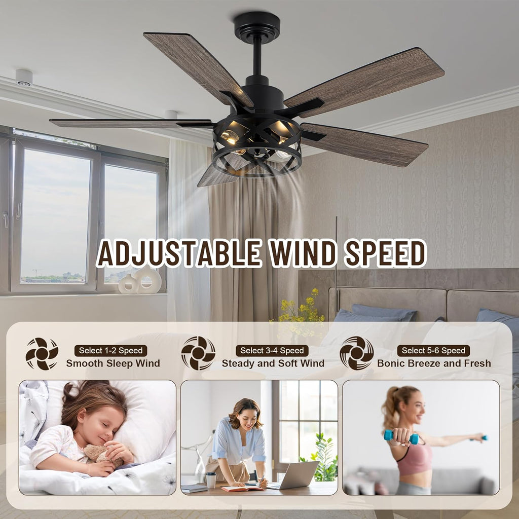 52" Farmhouse Ceiling Fan with Lights and Remote,Ceiling Fan with Caged Rustic Light Fixture,Reversible DC Motor,5 Double Finish Wood Blades for Patio,Living Room,Dining Room,Bedroom