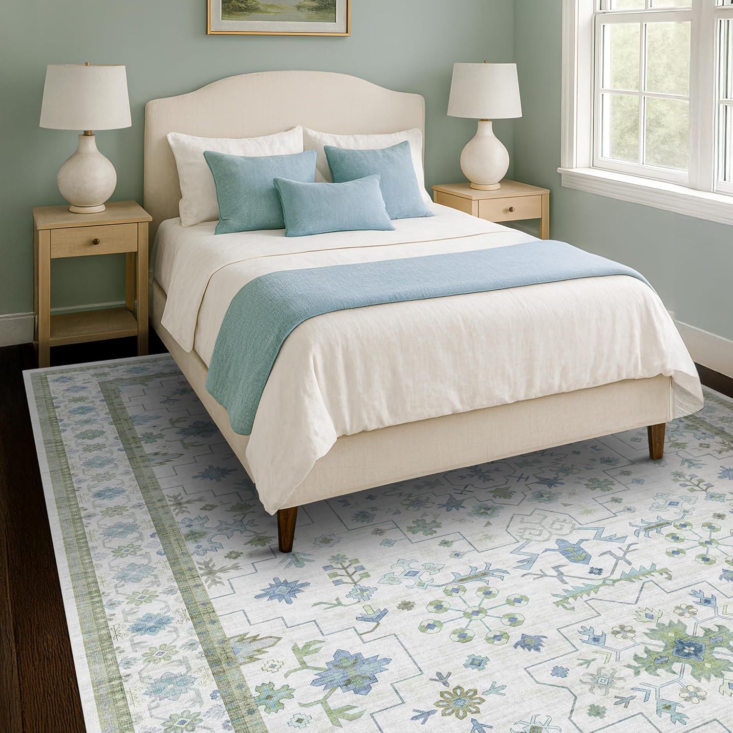 Hazo Haus Blue and Green Living Room Rug 8x10 - Cream Oushak Vintage Boho Floral Farmhouse, Washable Low Pile Non-Slip Extra Large Area Rugs for Bedroom, Girls, Boys, Playroom, Lounge