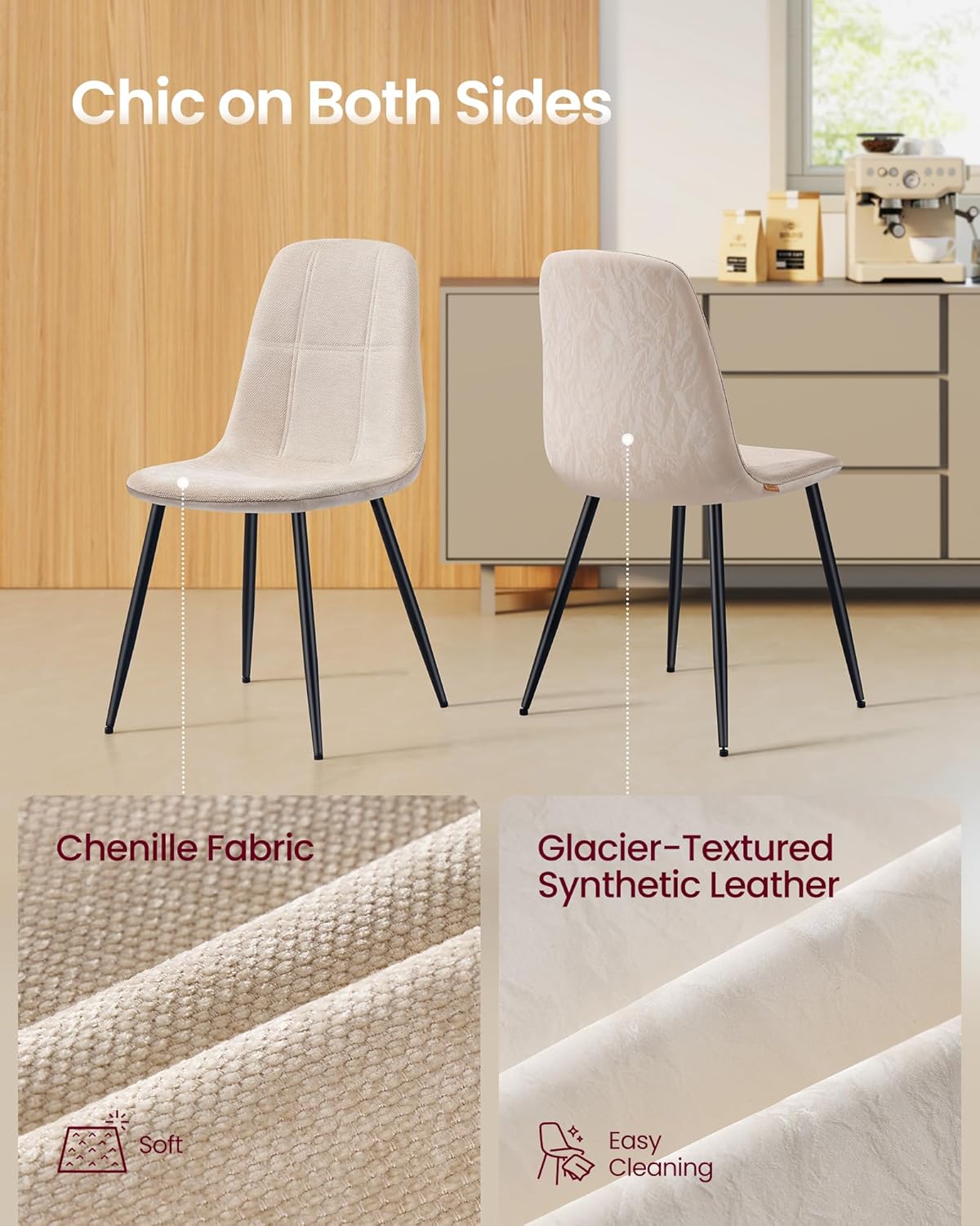 VASAGLE Dining Chairs, Set of 4 Dining Room Chairs, Metal Frame, Adjustable Feet, Easy to Clean, Chenille Fabric, Glacier-Textured Synthetic Leather, for Kitchen, Cream White UKDC188W01