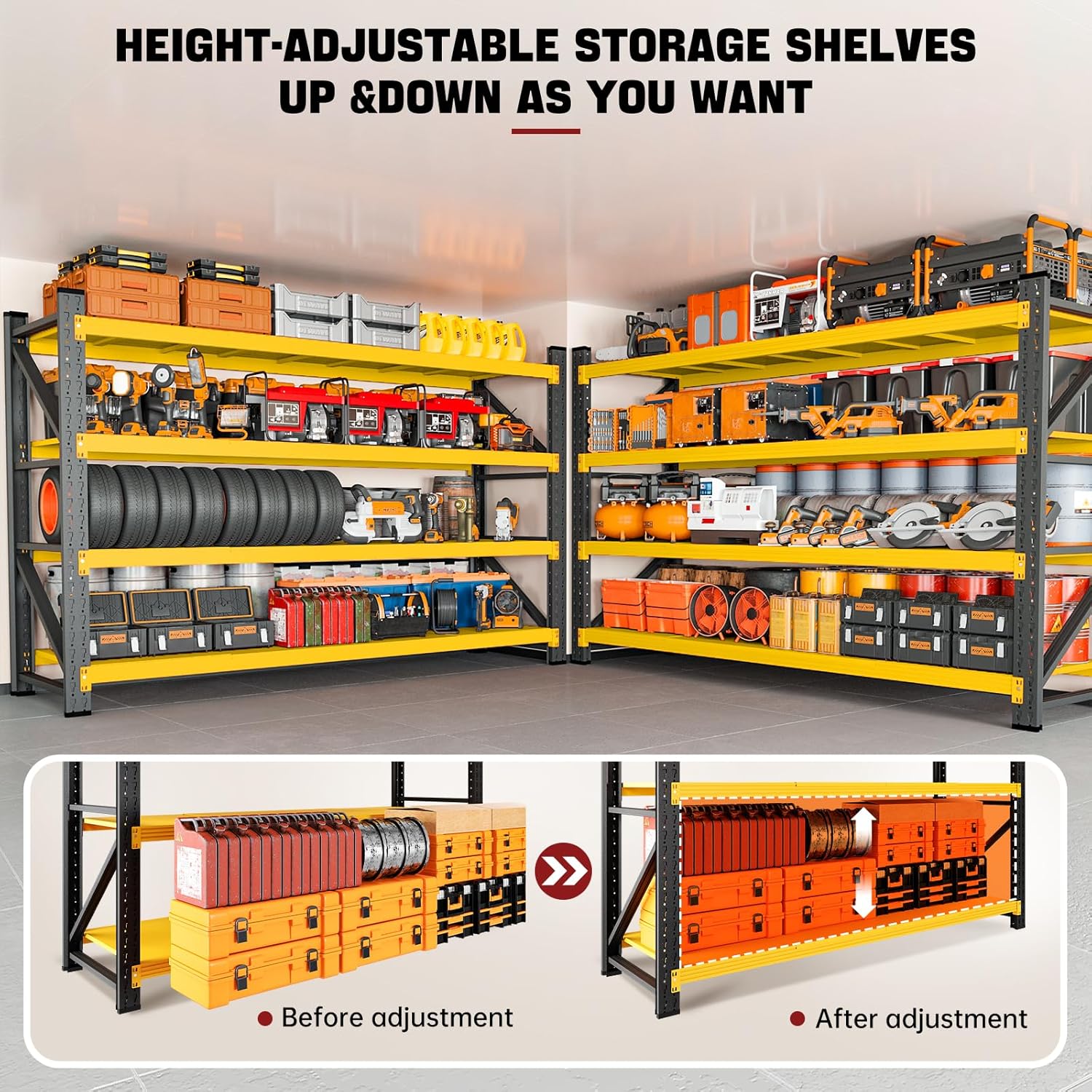 RAVIGIN 5000LBS Storage Shelves,71" W Garage Shelving Heavy Duty Metal Adjustable Garage Shelves, Shelving Units Industrial Shelving for Warehouse,71" W x 24" D x 69" H,Black Yellow