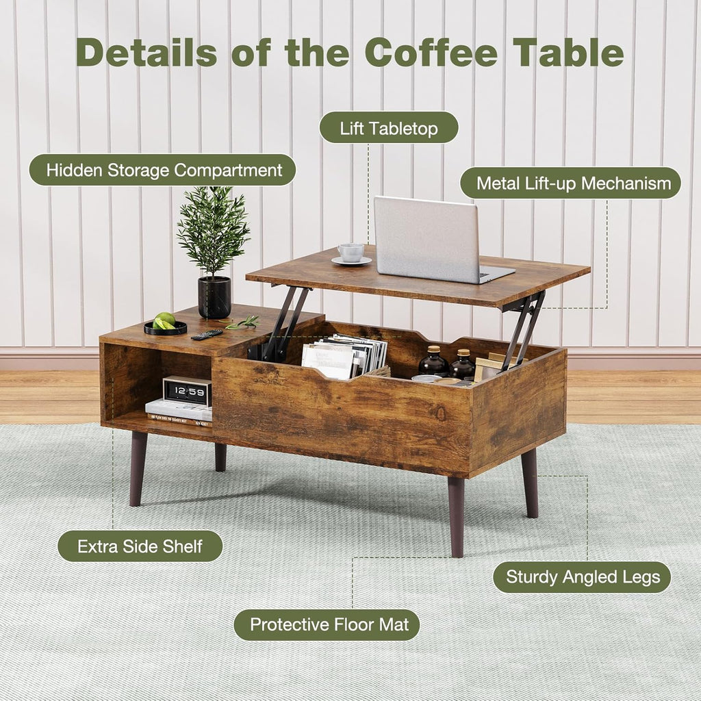 OLIXIS Wooden Coffee Table, Lift Top Coffee Table with Large Hidden Compartment and Ample Storage Shelf, Lift Tabletop Dining Table for Living Room, Home Small Space, Rustic