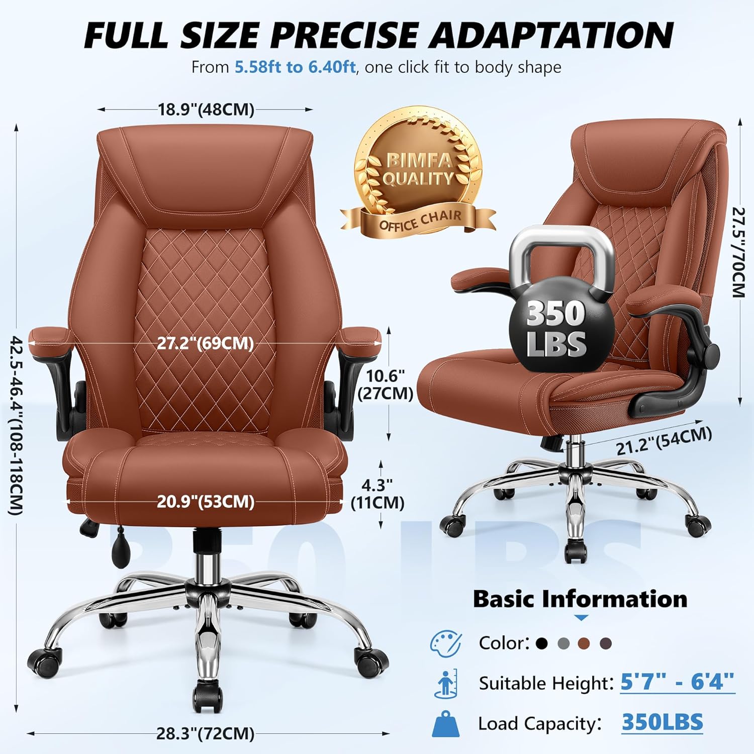 Office Chair, Big and Tall Ergonomic Desk Chair, Executive Leather Computer Chair with Adjustable Lumbar Support, Comfy Gaming Chair with Flip Up Arms, Swivel PC Chair with Rocking Function, Brown