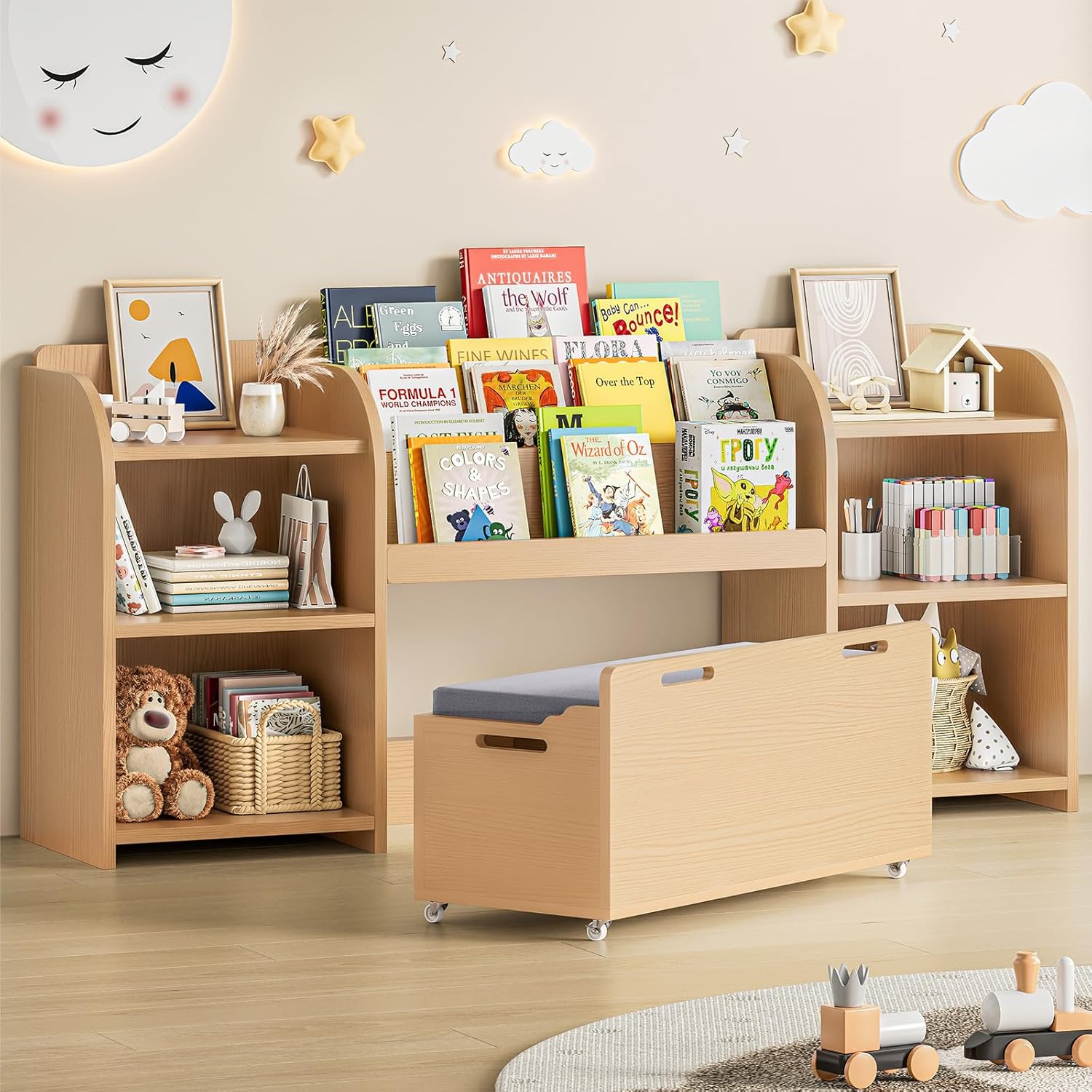 ONBRILL Kids Bookshelf with Reading Nook, 64.5" Toy Storage Organizer with Movable Bench with 3 Storage, Kids Bookcase with 3-Tier Bookshelf, 6 Storages Cubbies, Toy Box & Chest for Bedroom, Playroom