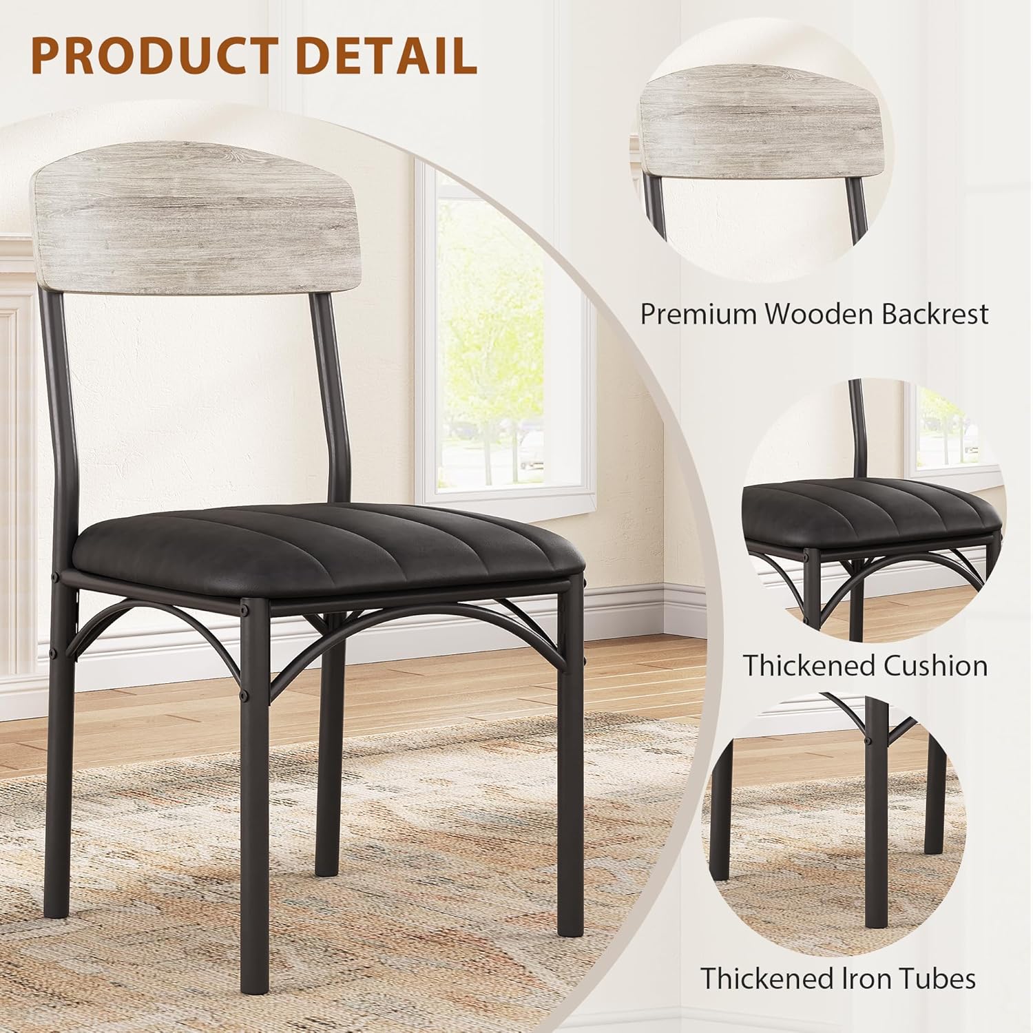 Jocoevol Dining Chairs Set of 4 - Upholstered Dining Room Chairs with PU Leather, Industrial Kitchen Chairs with Wooden Backrest and Thickened Metal Legs, for Dining Room, Living Room（Gray）