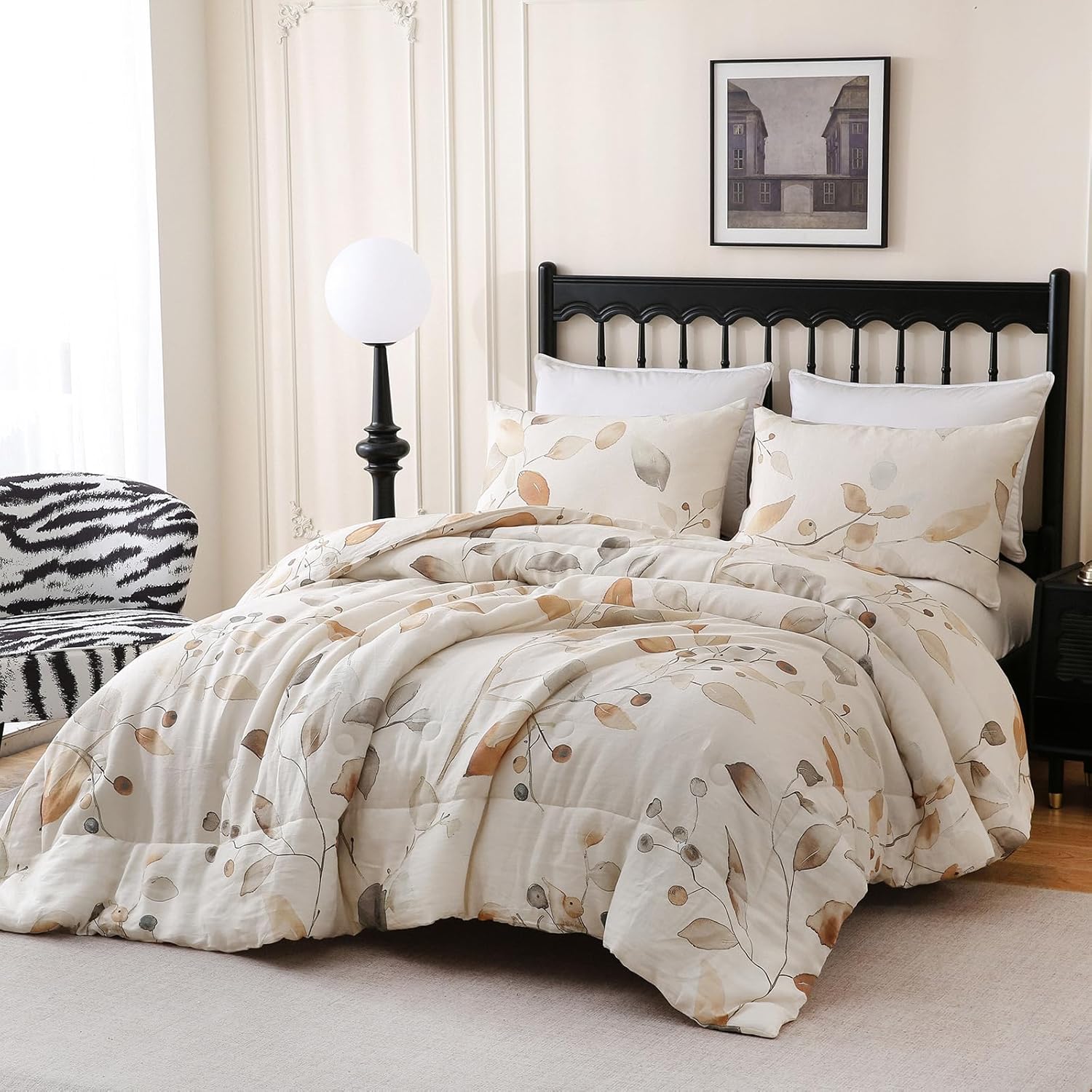 Merryword Linen Leaves Comforter Set Queen Size 3 Pieces Natural French Flax Linen Bedding Soft Breathable Moisture Wicking Comfy