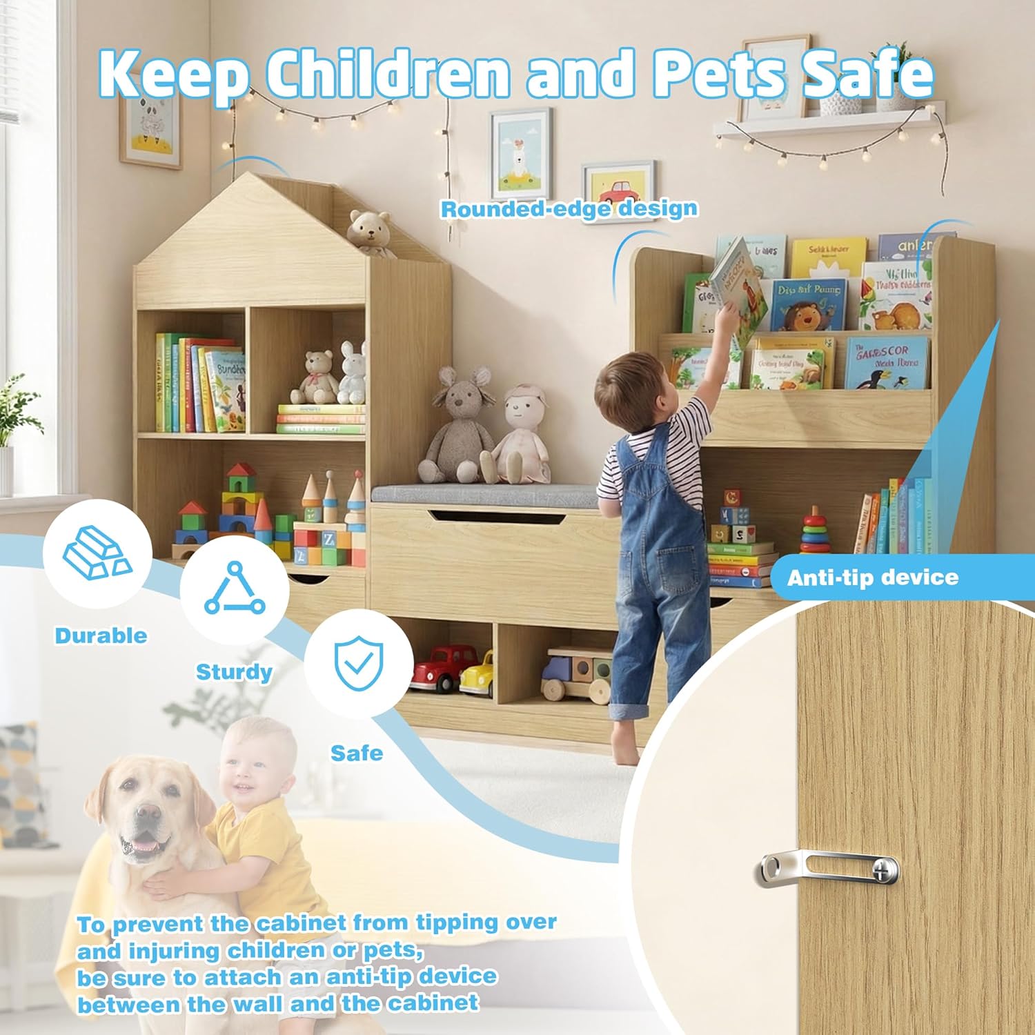 72" Kids Castle Bookshelf with Reading Nook, Large Toy Storage Organizer with Seat Cushion, 4 Drawers, Wheels, Kids Bookshelf and Bookcase w/8 Cubbies for Playroom, Nursery, Bedroom (Burlywood)