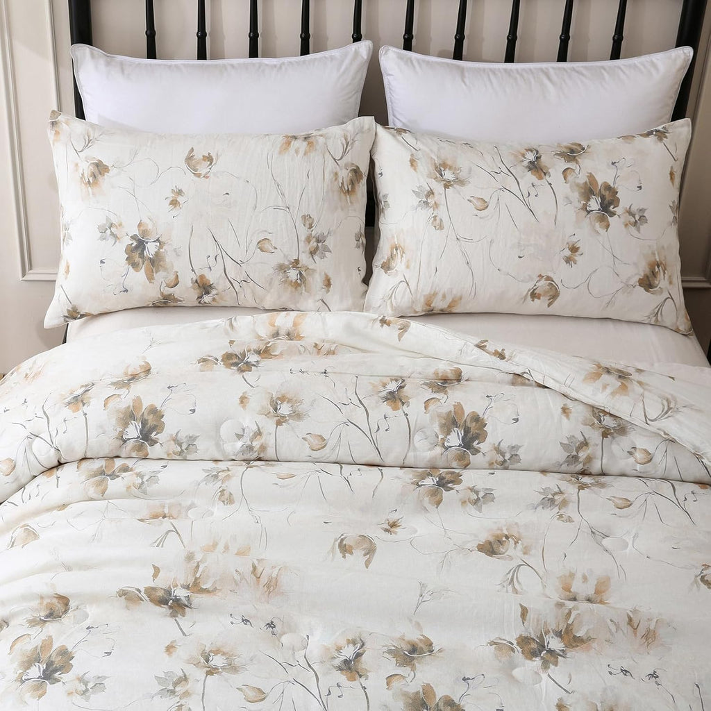 Merryword Linen Floral Comforter Set King Size 3 Pieces Natural French Flax Linen Bedding Soft Breathable Moisture Wicking Comfy