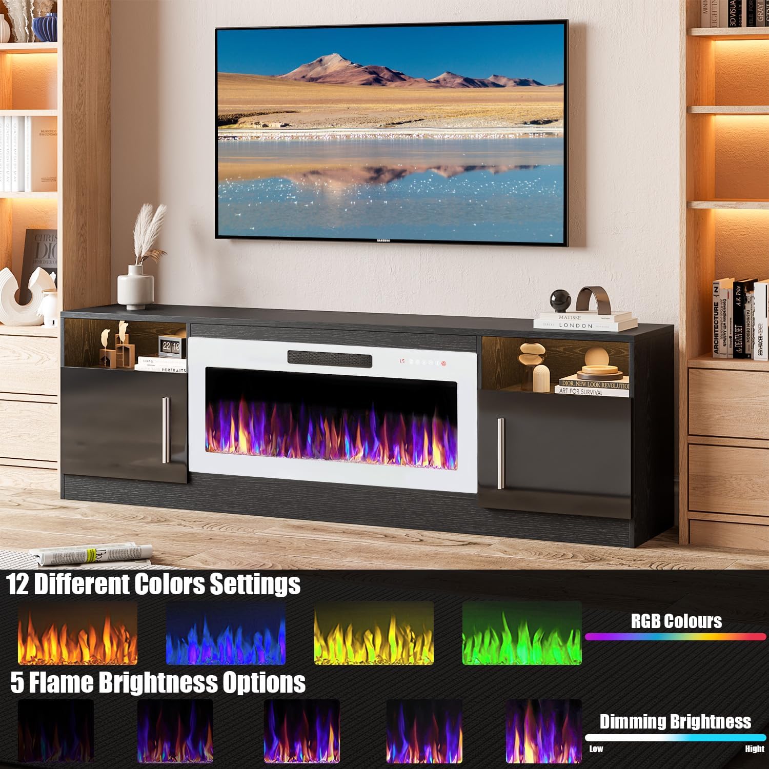 VITESSE TV Stand Fireplace with 36" inch Electric Fireplace Up to 80" TVs, LED Light Entertainment Center, 70" Modern Wood High Gloss with Highlight Storage Cabinet for Living Room (Black)