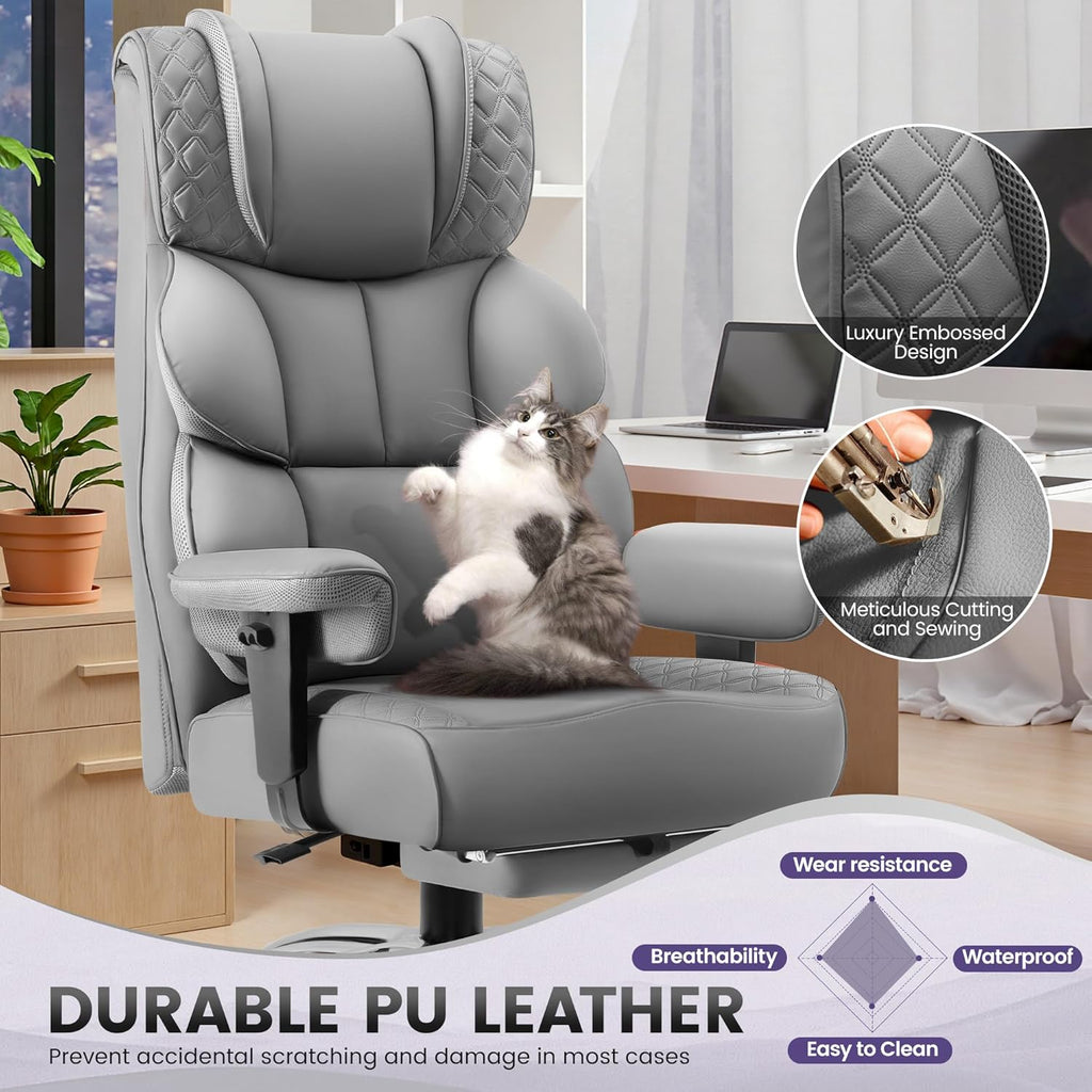 BestGlory Office Desk Chair, Big and Tall Leather Gaming Chair with Footrest, Wide Ergonomic Comfy Executive High-Back Reclining Computer Chairs, Swivel Rolling Wheels and Padded Lumbar Support, Gray