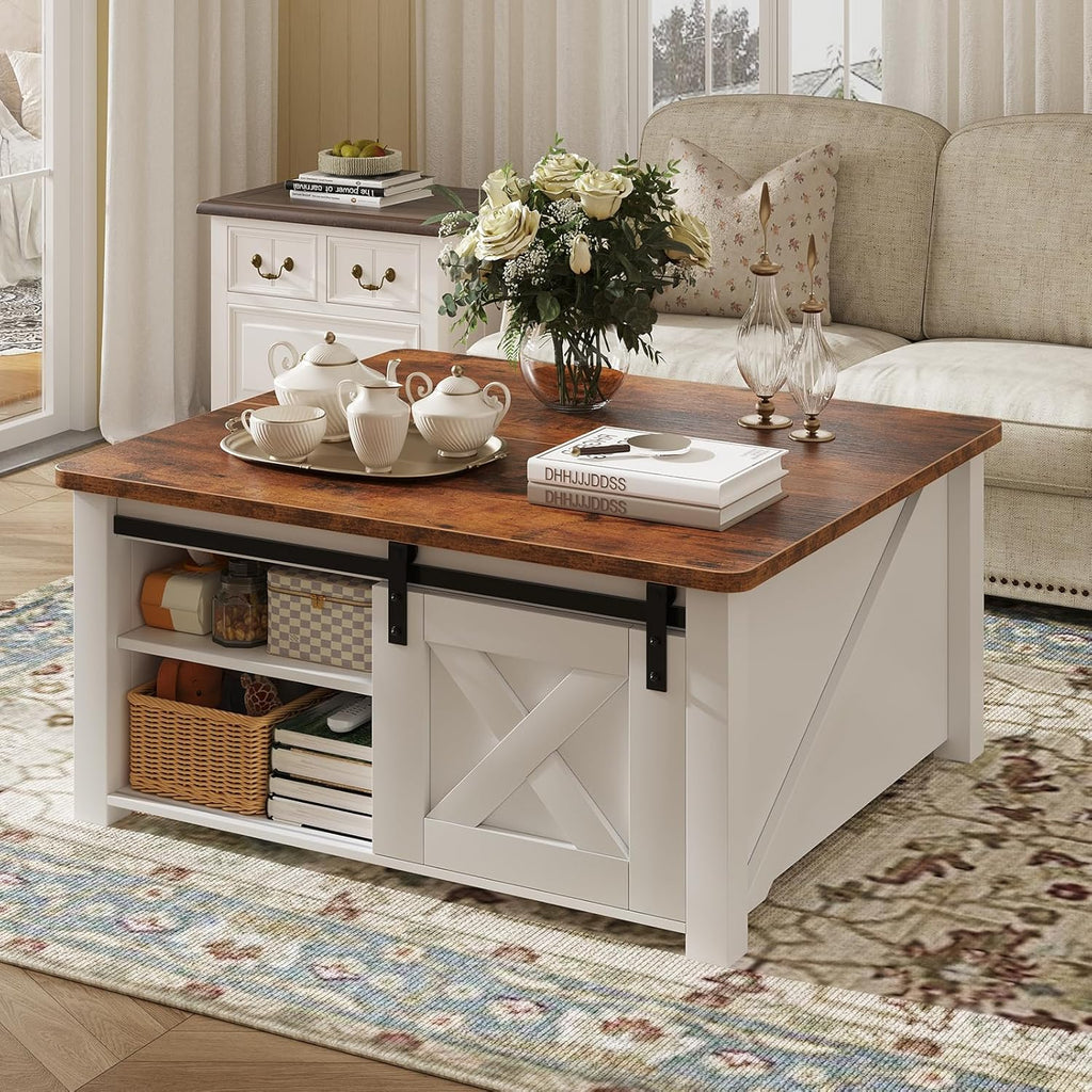 DUMOS Coffee Table, Lift Top Center Table with Storage, Square Living Room Tables with Adjustable Shelves, Wooden Center Coffee Table with Hidden Storage Compartment, White
