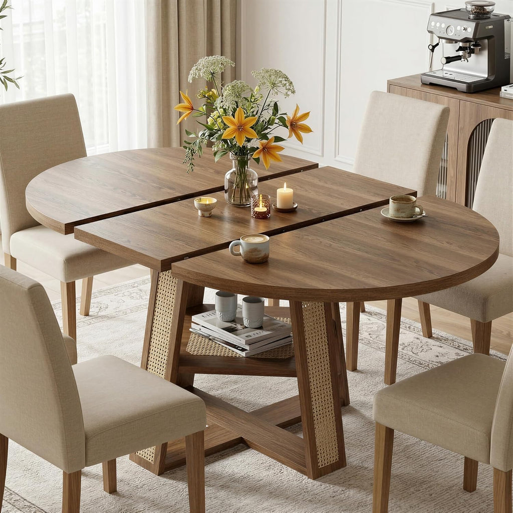 43"-59" Extendable Round Dining Table for 4-8, Transformer Oval Dining Room Table with Removable Leaves Space Saving, Wood Base Kitchen Table with Storage Shelf for Living Room, Walnut