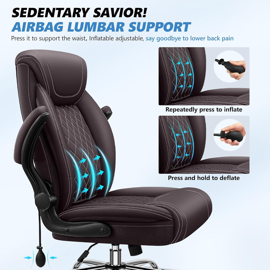 Office Chair, Big and Tall Ergonomic Desk Chair, Executive Leather Computer Chair with Adjustable Lumbar Support, Comfy Gaming Chair with Flip Up Arms, Swivel PC Chair with Rocking Function, Coffee