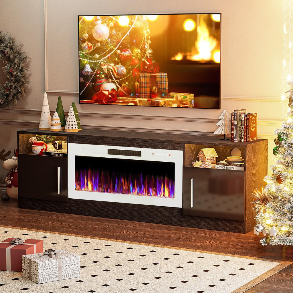 VITESSE TV Stand Fireplace with 36" inch Electric Fireplace Up to 80" TVs, LED Light Entertainment Center, 70" Modern Wood High Gloss with Highlight Storage Cabinet for Living Room (Black)