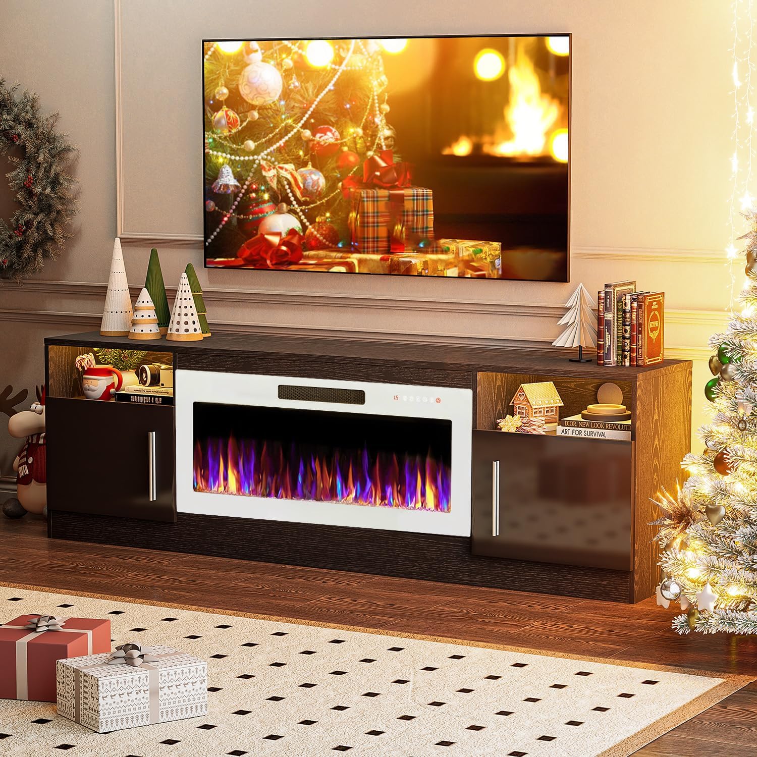 VITESSE TV Stand Fireplace with 36" inch Electric Fireplace Up to 80" TVs, LED Light Entertainment Center, 70" Modern Wood High Gloss with Highlight Storage Cabinet for Living Room (Black)