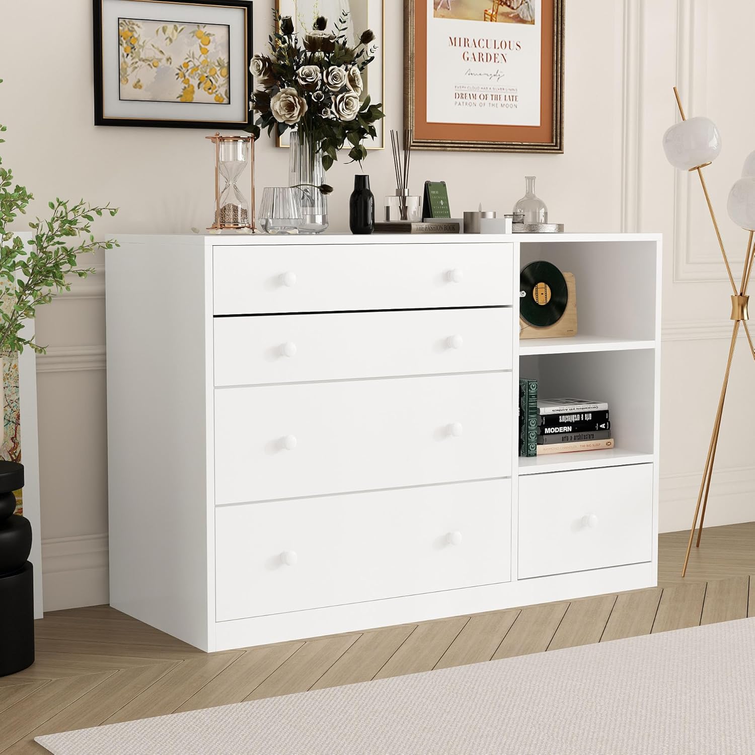 Timechee Changing Table Dresser, Baby Classic Nursery Dresser with 5 Drawers and 2 Shelves, Multi-Functional Baby Changing Table, Diaper Changing Station for Children's Room, White