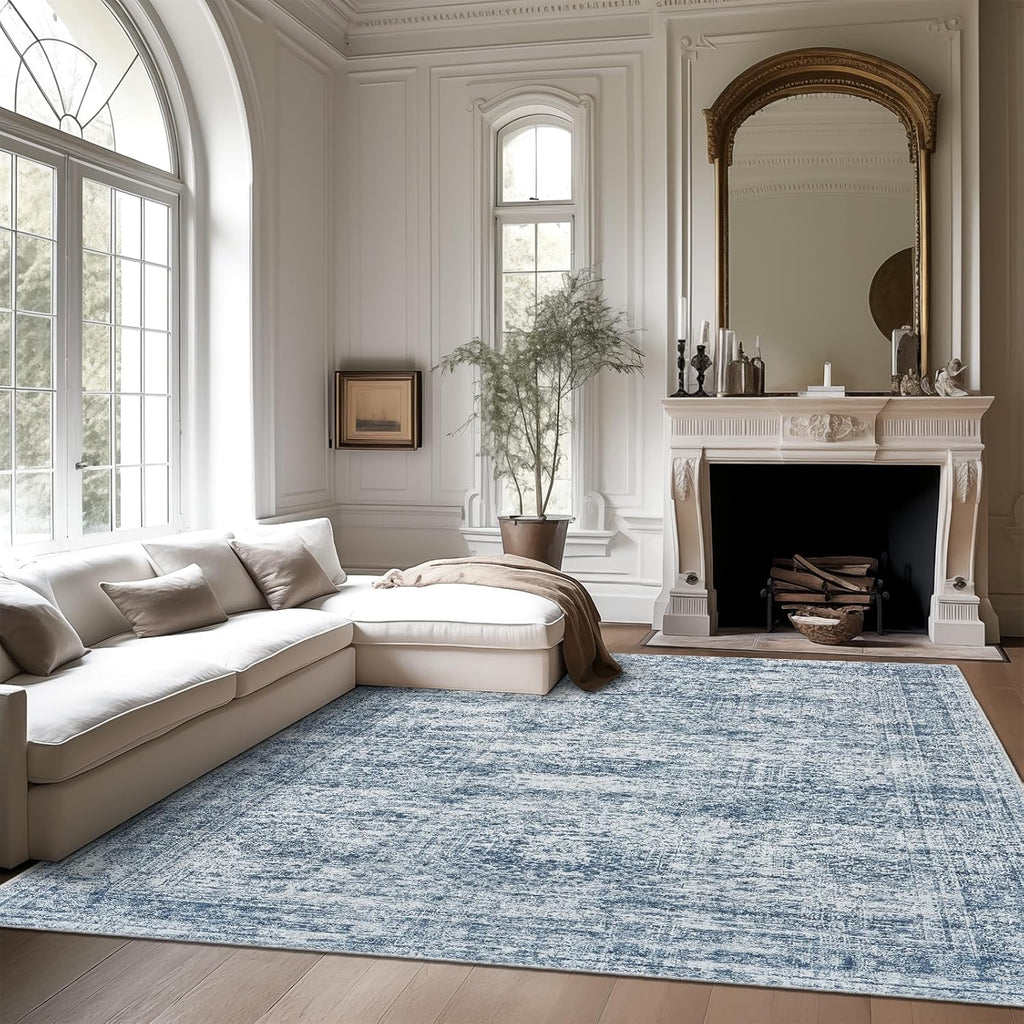 Soalmost 9x12 Area Rugs for Living Room, Non Slip Machine Washable Vintage Rugs, Low Pile Lightweight Large Rug for Bedroom, Dining Room, Home Office Blue