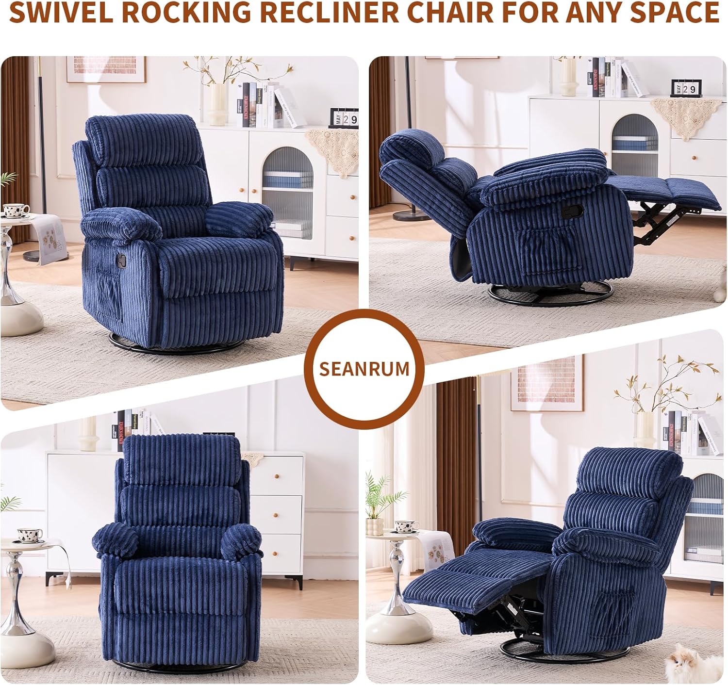 Premium Velvet 360° Swivel Recliner - High Back Gliding Rocking Chair Nursery Recliner Chair, Plush Footrest, Supportive Armrests & Side Pocket, Great for Nursery & Living Room, Blue