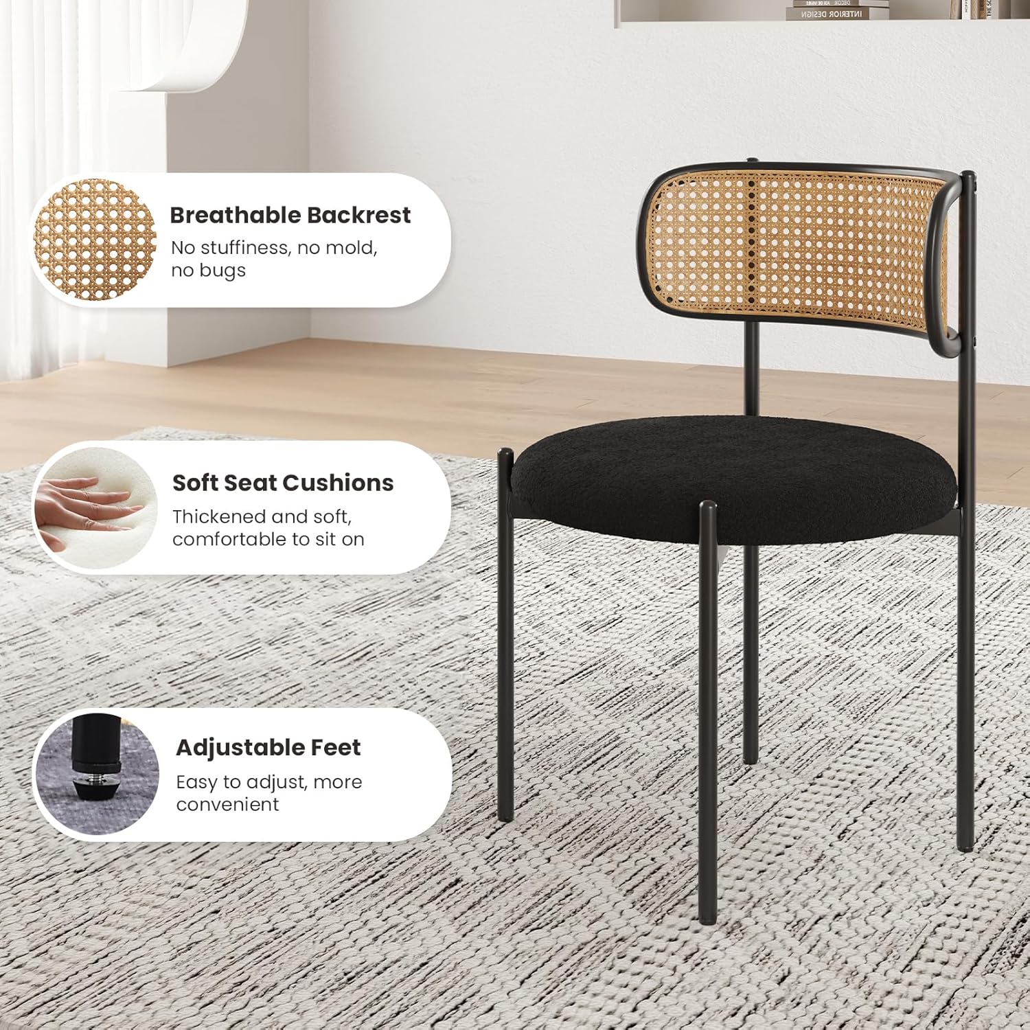 Farini Modern Upholstered Dining Chairs Set of 4,Rattan Back Dining Room Chairs,Accent Kitchen Chairs with Metal Legs,Black