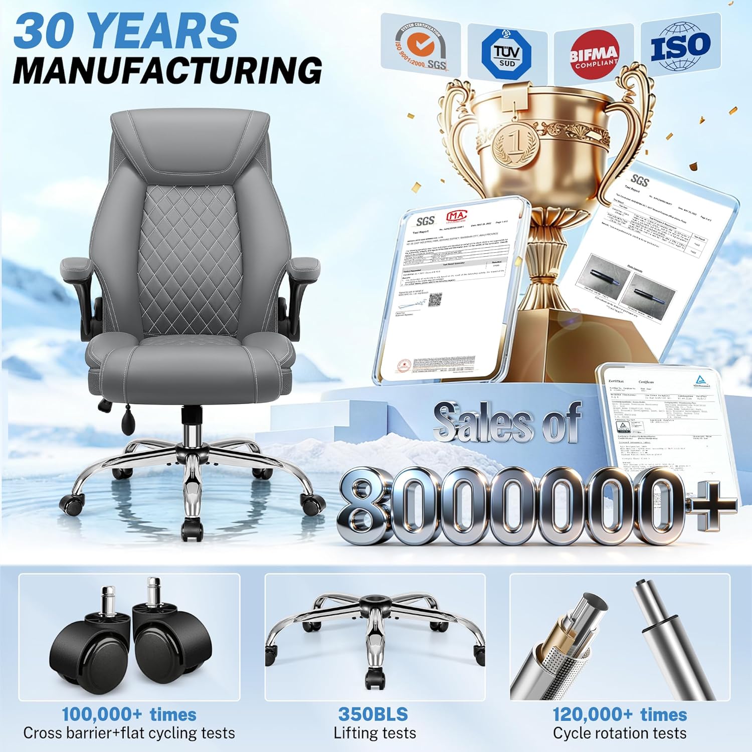 Office Chair, Big and Tall Ergonomic Desk Chair, Executive Leather Computer Chair with Adjustable Lumbar Support, Comfy Gaming Chair with Flip Up Arms, Swivel PC Chair with Rocking Function, Gray