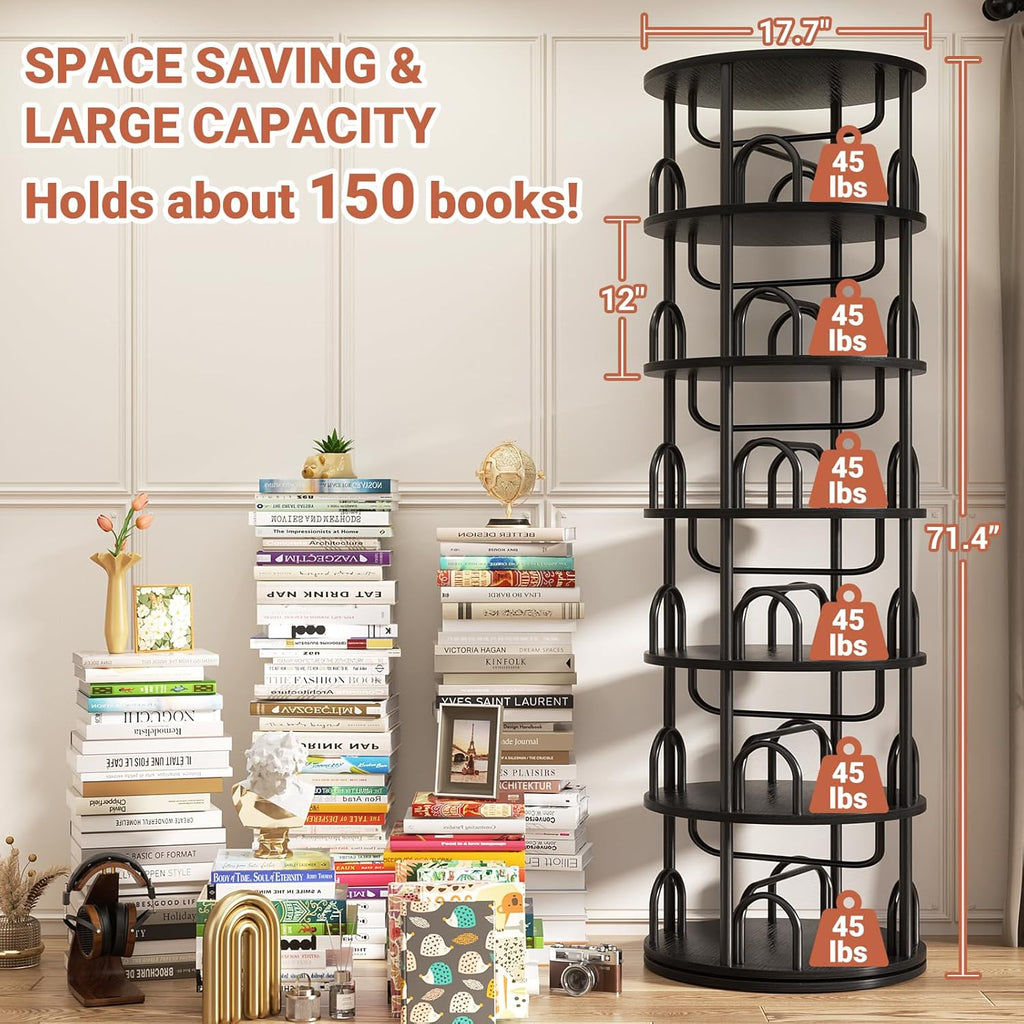 Aheaplus 6 Tier Rotating Bookshelf Tower, Revolving Bookcase, 360° Round Spinning Book Shelf, Narrow Swivel Bookshelves Vertical Rolling Turning Corner Bookshelf Organizer for Small Space, Black