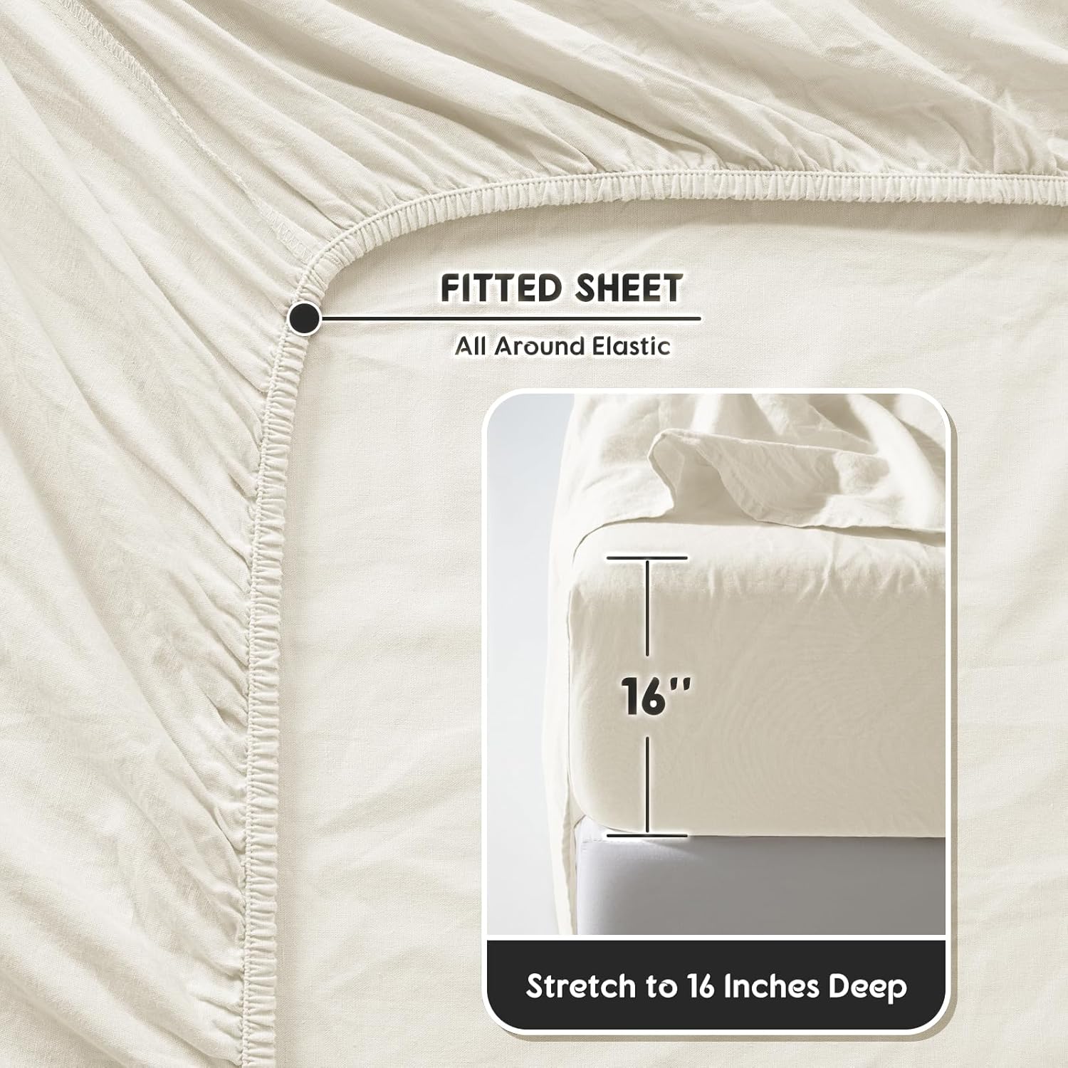 SONORO KATE 100% French Pure Linen Sheets, Breathable and Durable Linen King Size Sheets, Anti-Tear Linen Bed Sheets, Machine Washable, 16 Inch Deep Pocket - 4 Piece (Cream, King)