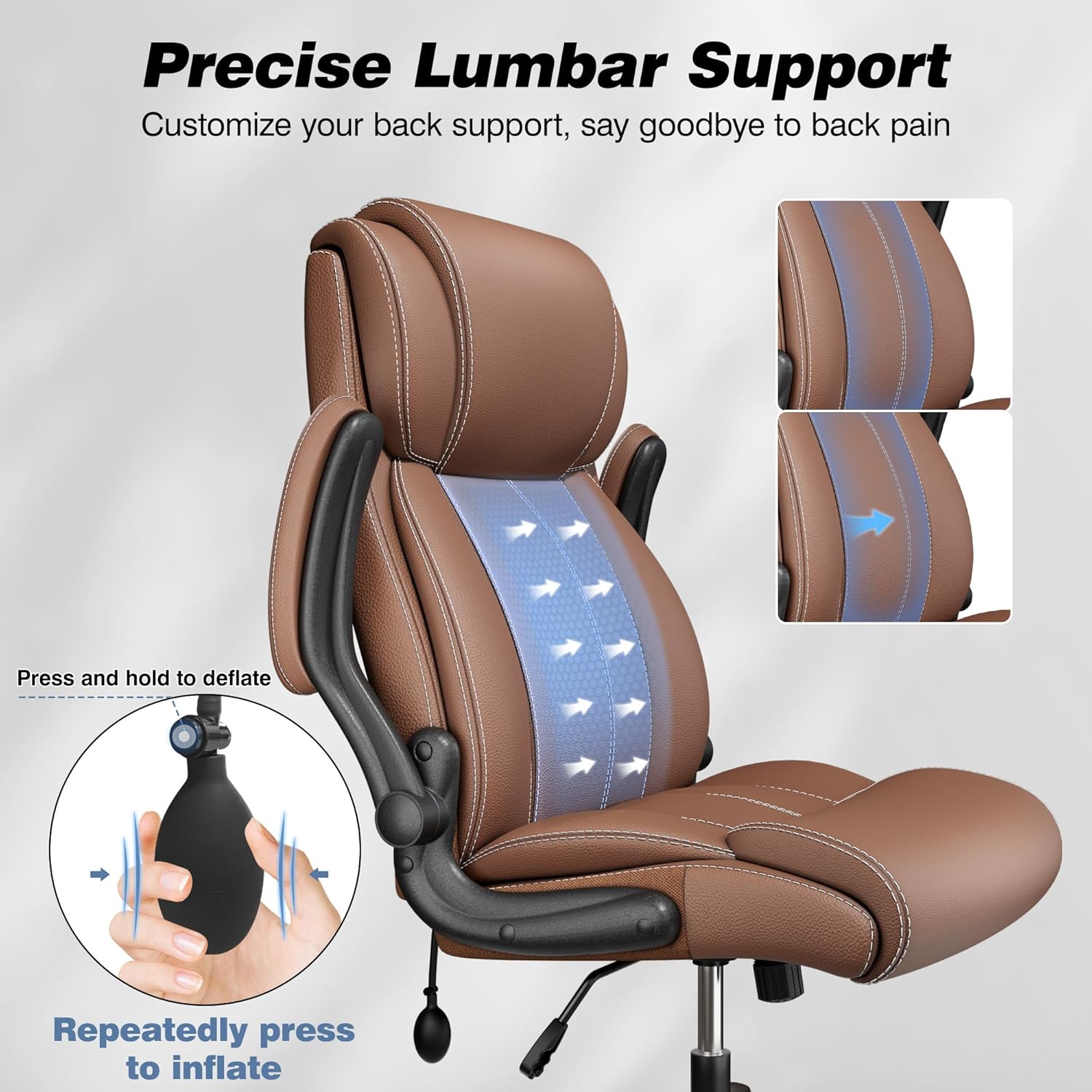 BESTFAIR Ergonomic Office Chair - Home Desk Computer Chair, Leather High Back Executive Chairs with Adjustable Lumbar Support & Flip-up Arms, Rocking Swivel Comfy, Brown